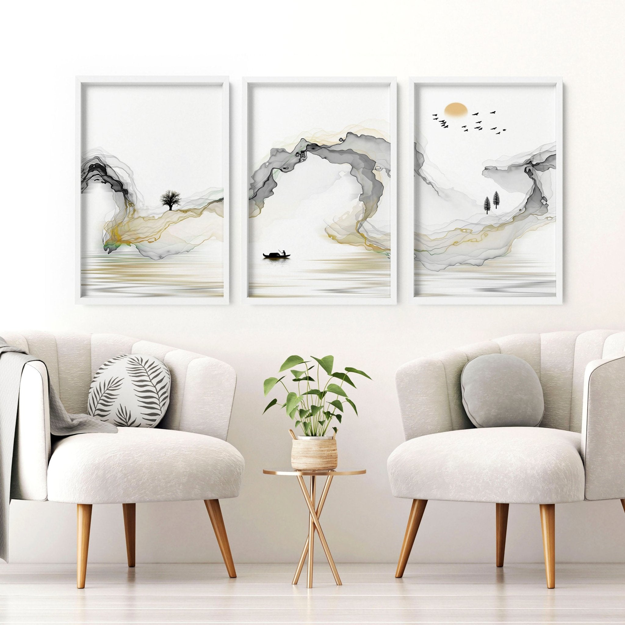 Set of 3 framed Japanese art wall prints featuring contemporary Asian designs in vibrant lime and greyscale colors.