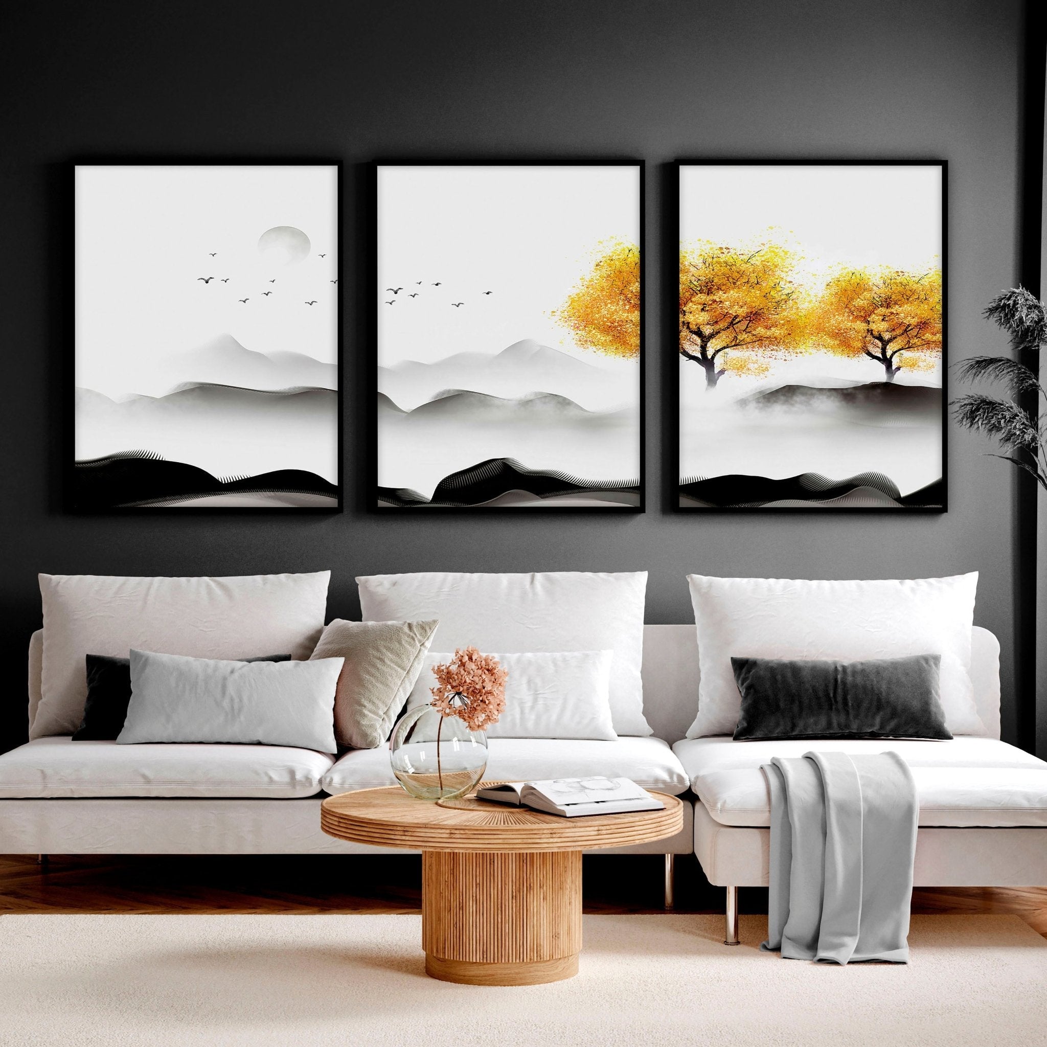 Set of 3 framed Japanese decor art prints featuring minimalist design in Black, White, and Mustard colors, perfect for home decoration.