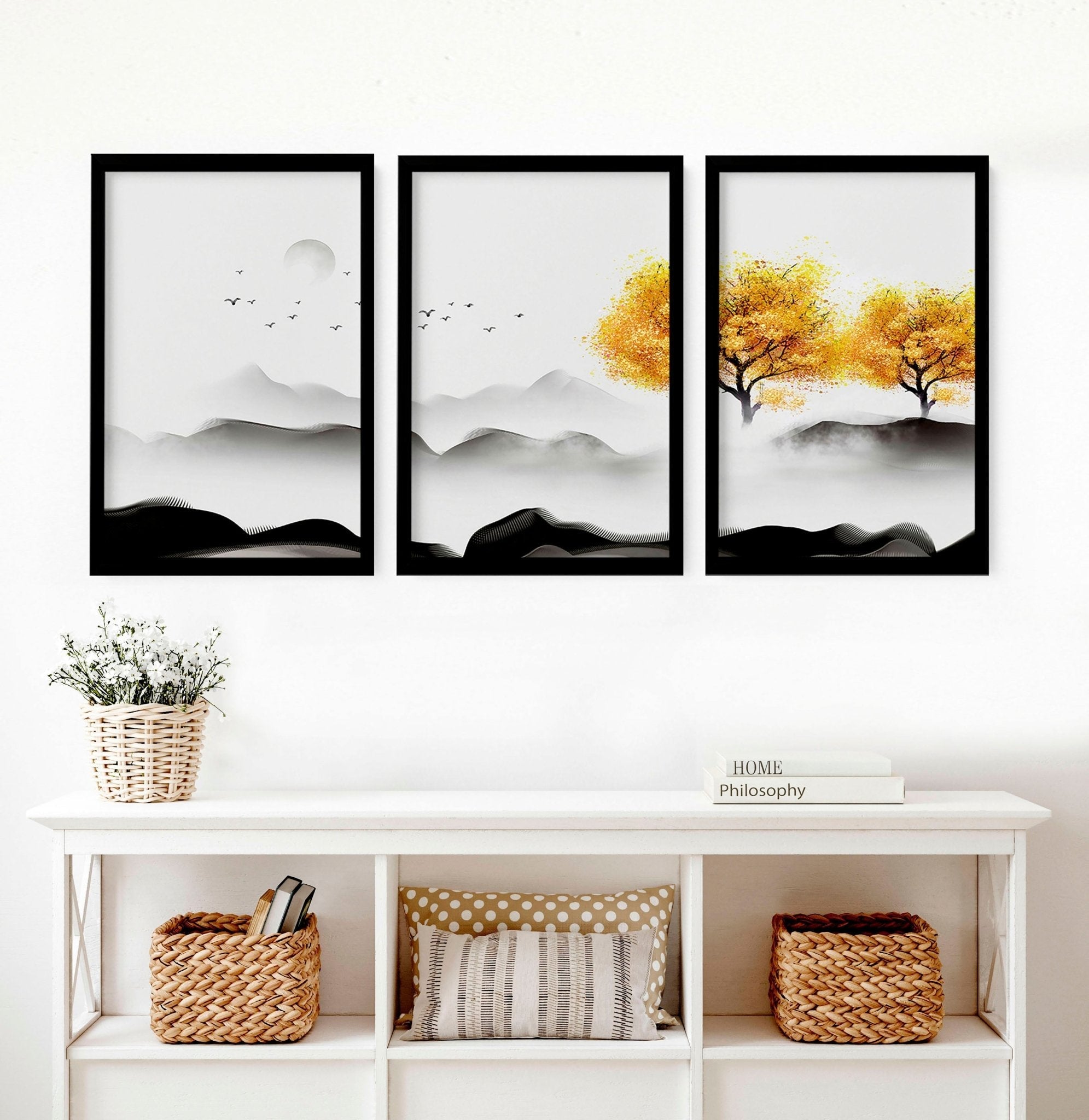Set of 3 framed Japanese decor art prints featuring minimalist design in Black, White, and Mustard colors, perfect for home decoration.