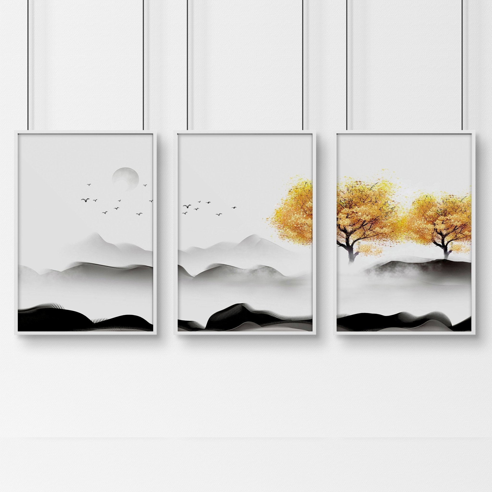 Set of 3 framed Japanese decor art prints featuring minimalist design in Black, White, and Mustard colors, perfect for home decoration.