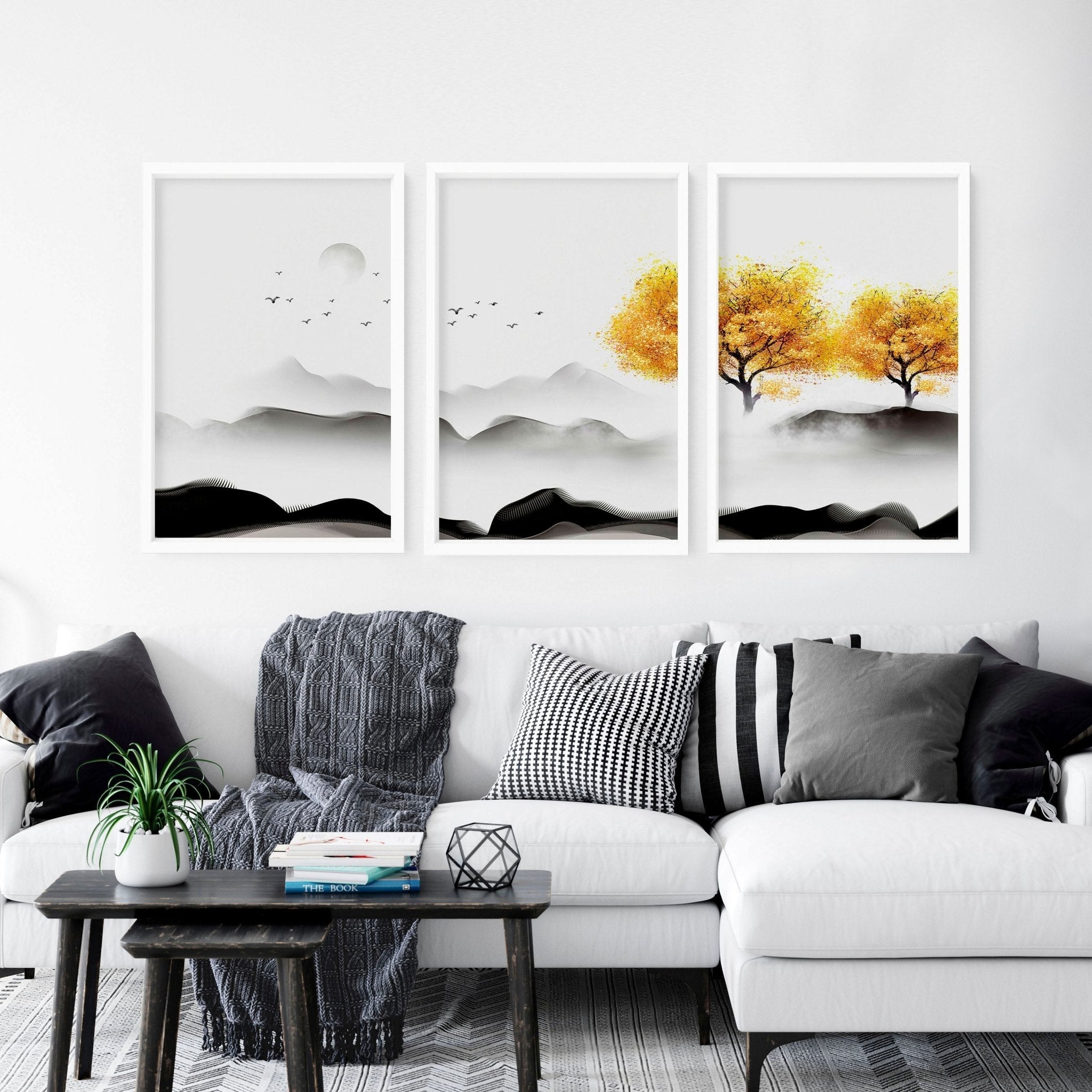 Set of 3 framed Japanese decor art prints featuring minimalist design in Black, White, and Mustard colors, perfect for home decoration.