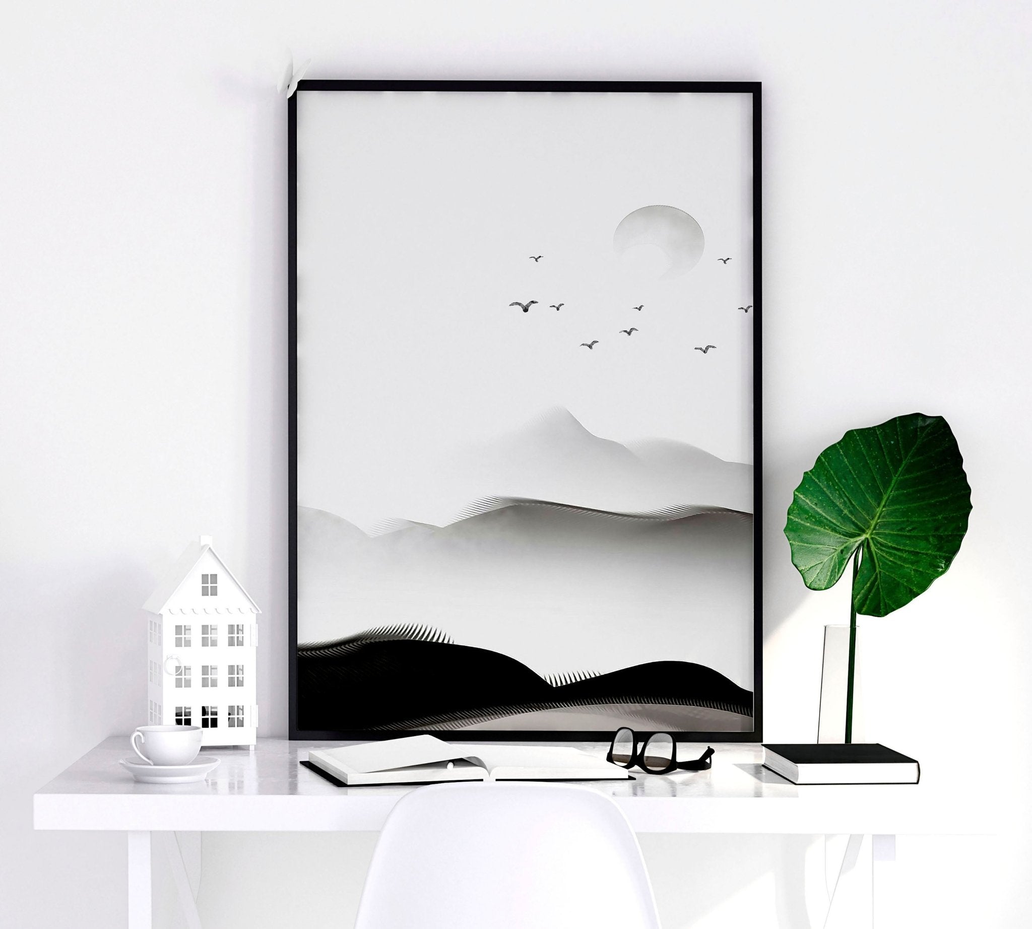Set of 3 framed Japanese decor art prints featuring minimalist design in Black, White, and Mustard colors, perfect for home decoration.