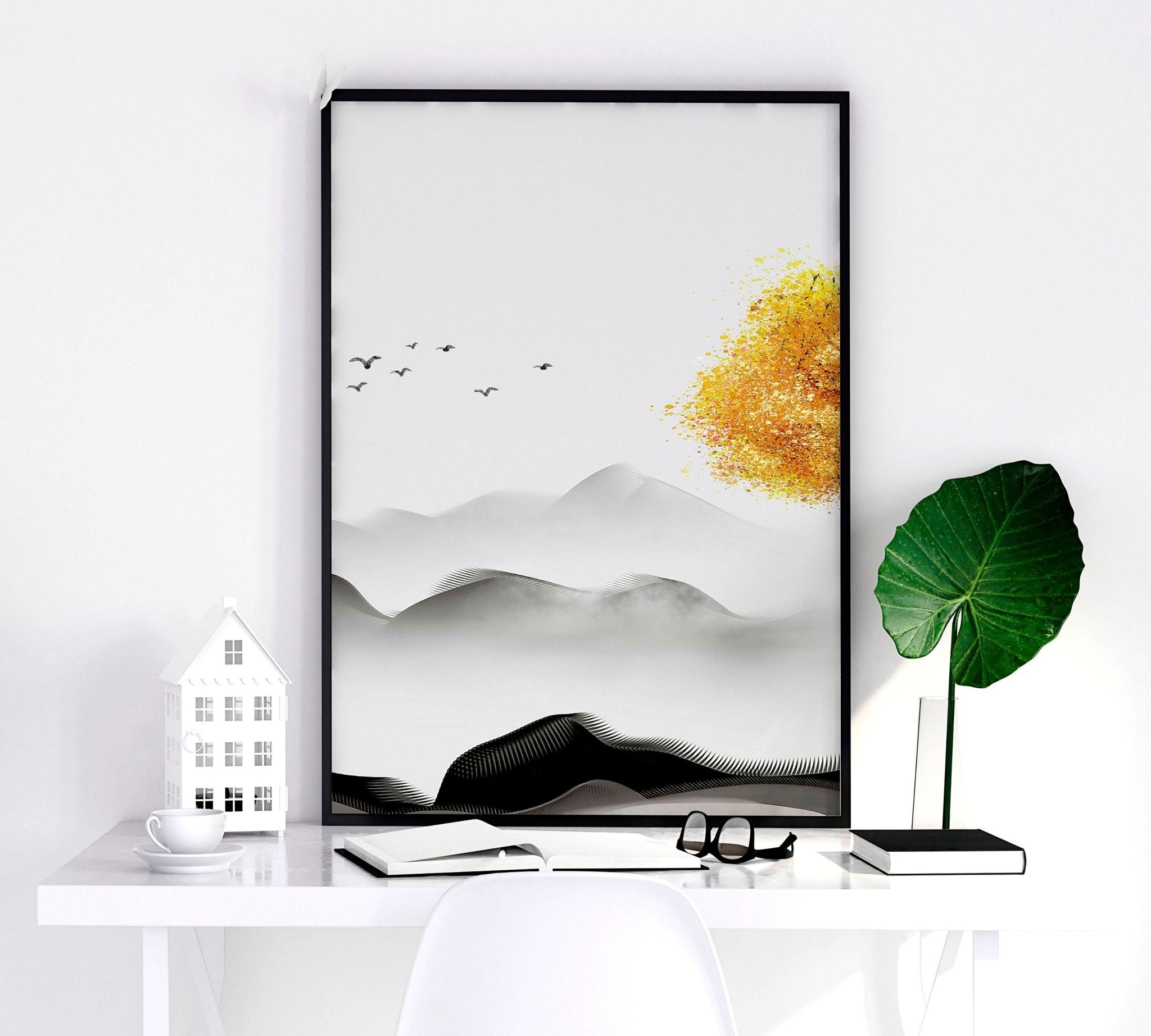 Set of 3 framed Japanese decor art prints featuring minimalist design in Black, White, and Mustard colors, perfect for home decoration.