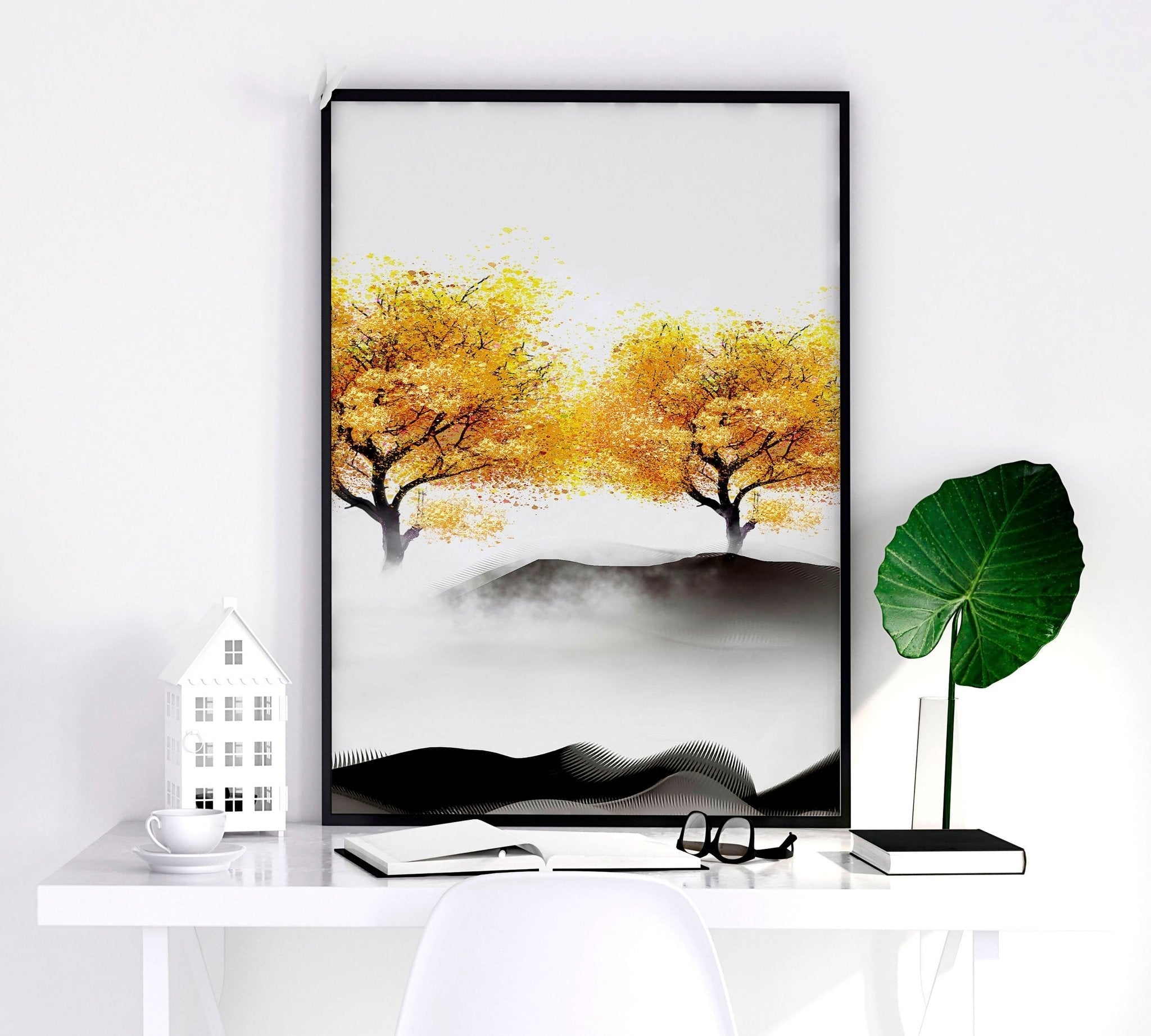 Set of 3 framed Japanese decor art prints featuring minimalist design in Black, White, and Mustard colors, perfect for home decoration.