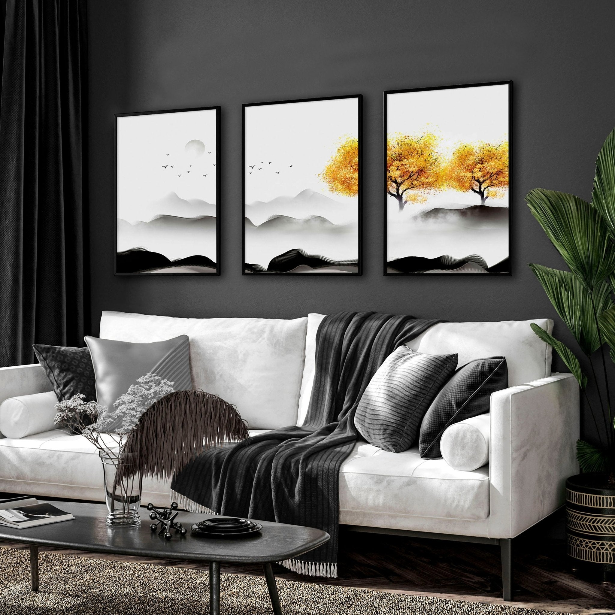 Set of 3 framed Japanese decor art prints featuring minimalist design in Black, White, and Mustard colors, perfect for home decoration.