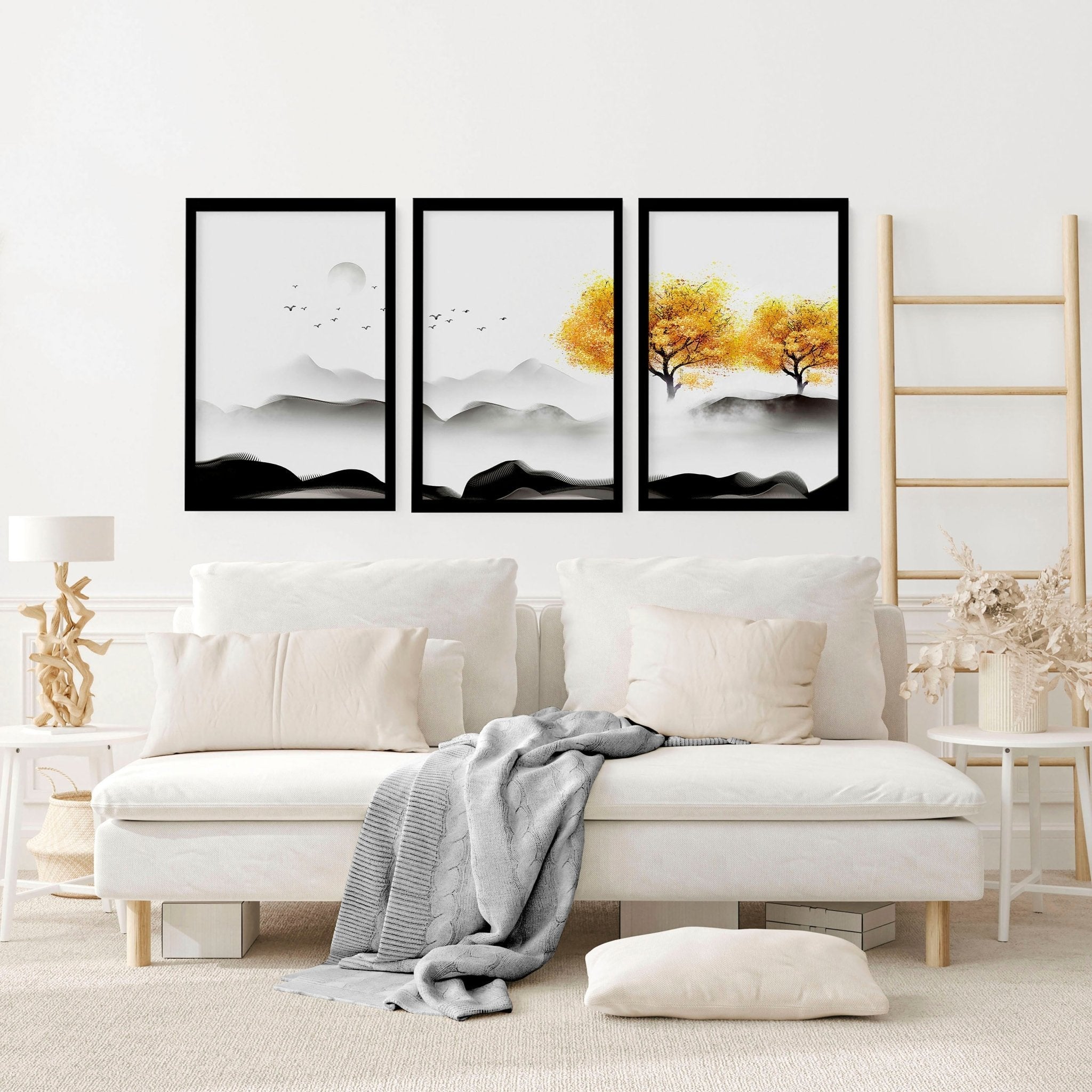 Set of 3 framed Japanese decor art prints featuring minimalist design in Black, White, and Mustard colors, perfect for home decoration.