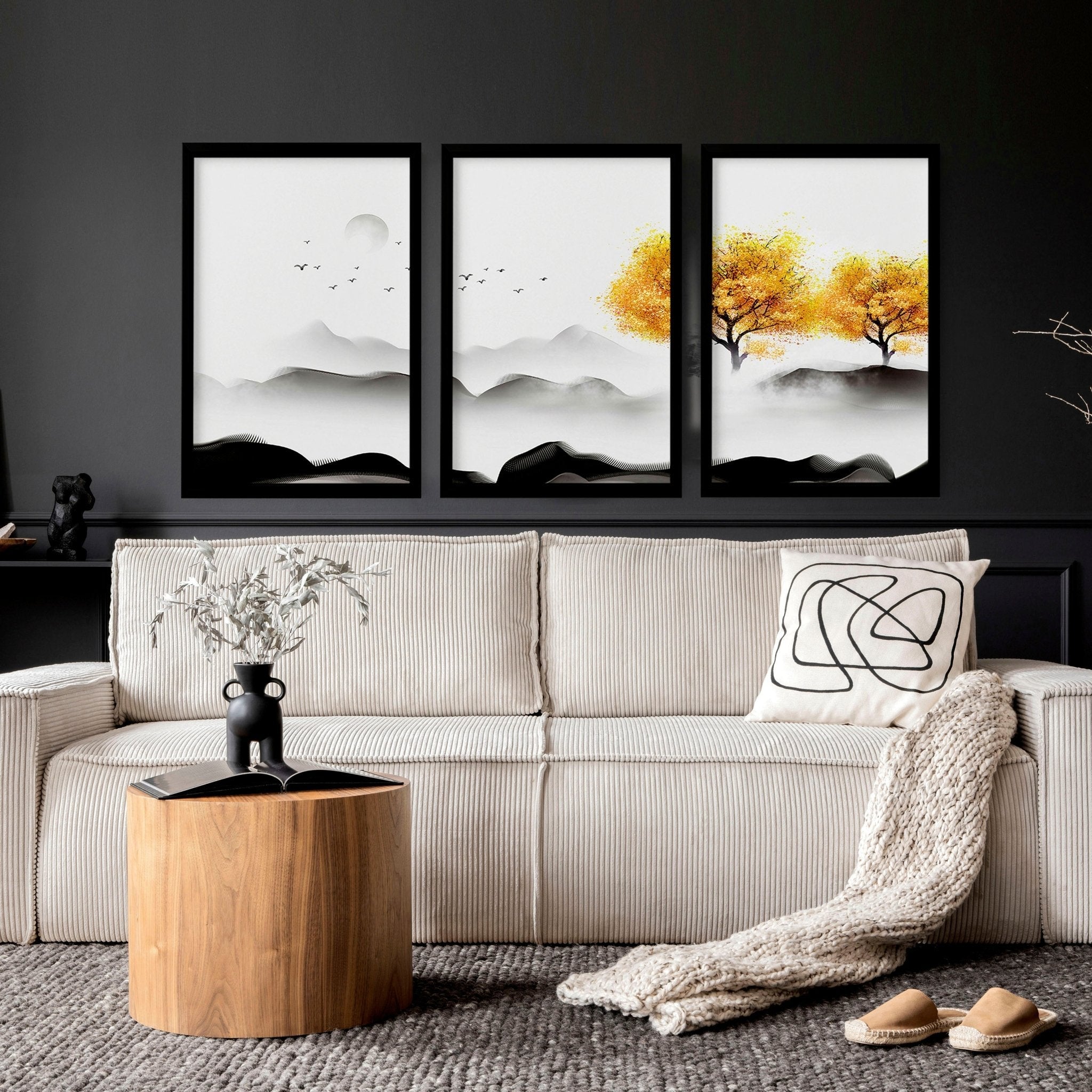 Set of 3 framed Japanese decor art prints featuring minimalist design in Black, White, and Mustard colors, perfect for home decoration.