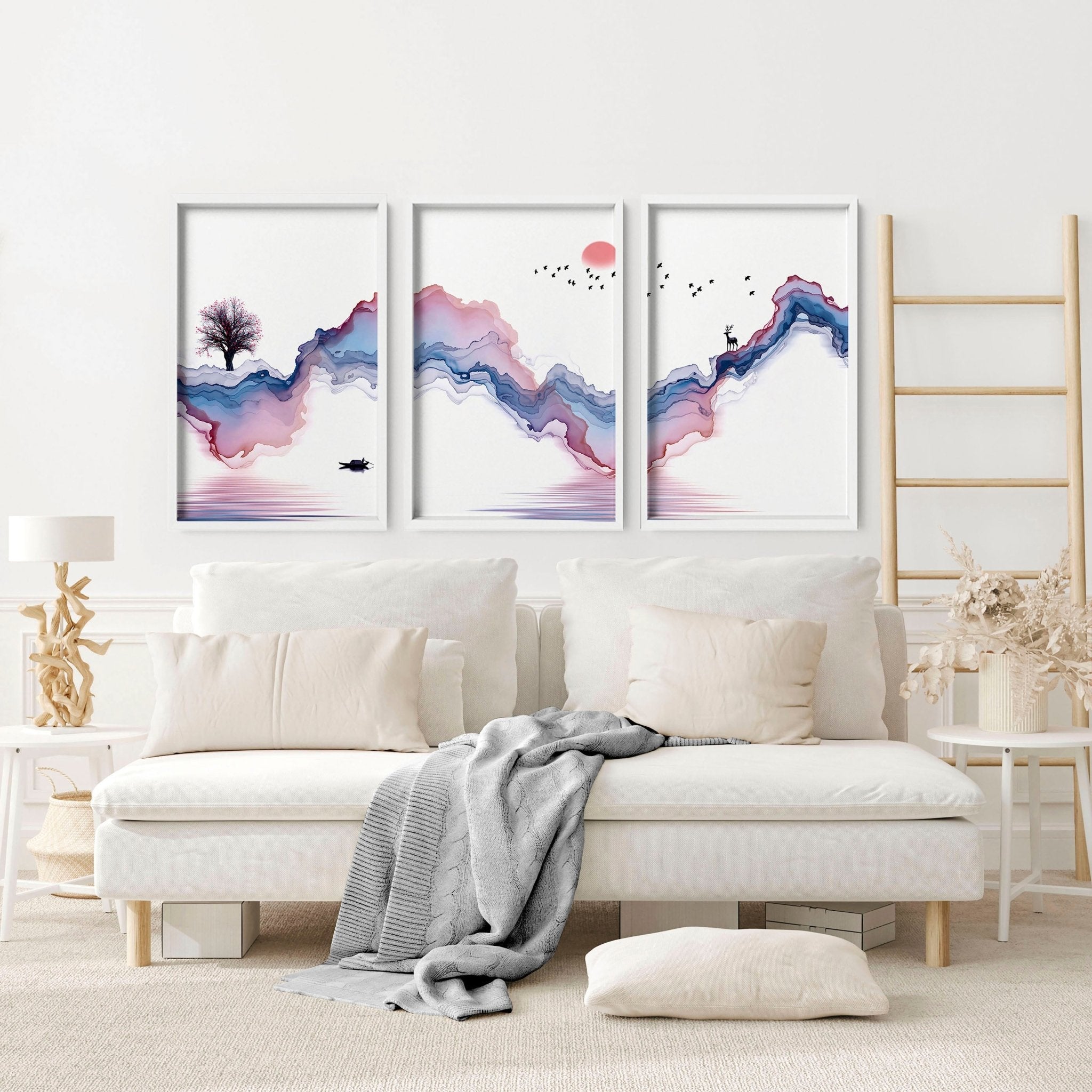 Set of 3 framed Japanese landscape paintings featuring vibrant sunrise colors in blue, coral, and white, perfect for home decor.