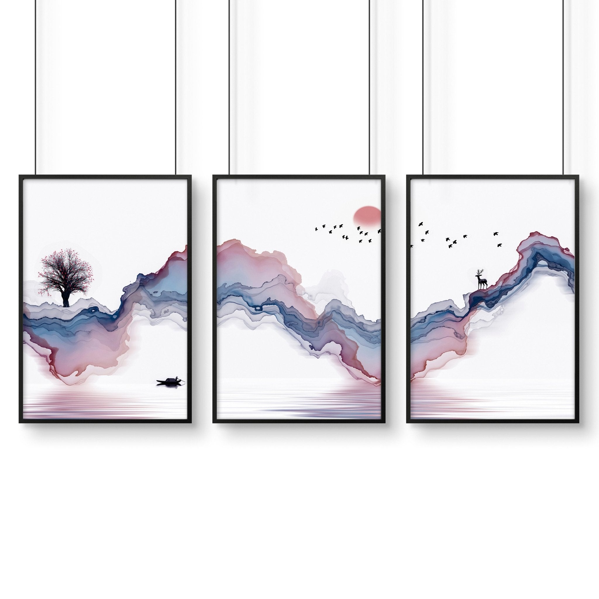 Set of 3 framed Japanese landscape paintings featuring vibrant sunrise colors in blue, coral, and white, perfect for home decor.