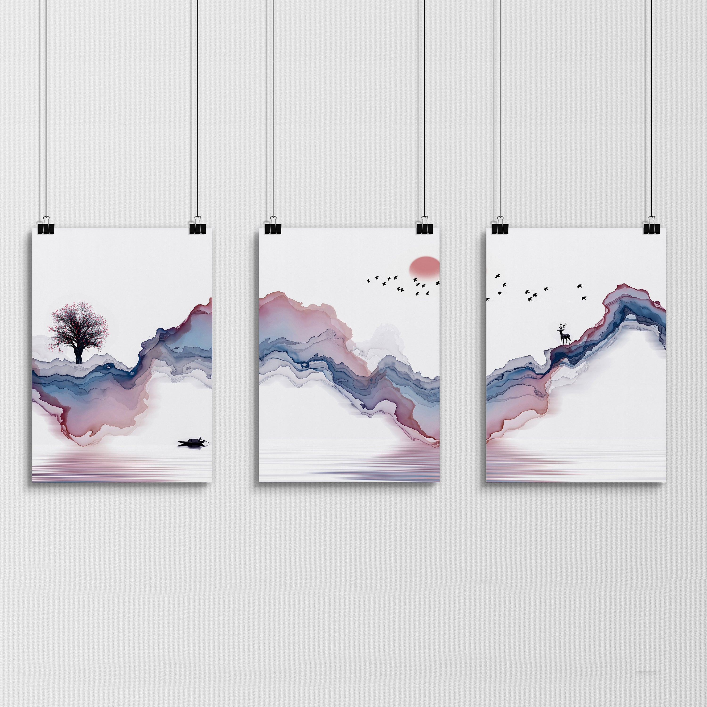 Set of 3 framed Japanese landscape paintings featuring vibrant sunrise colors in blue, coral, and white, perfect for home decor.
