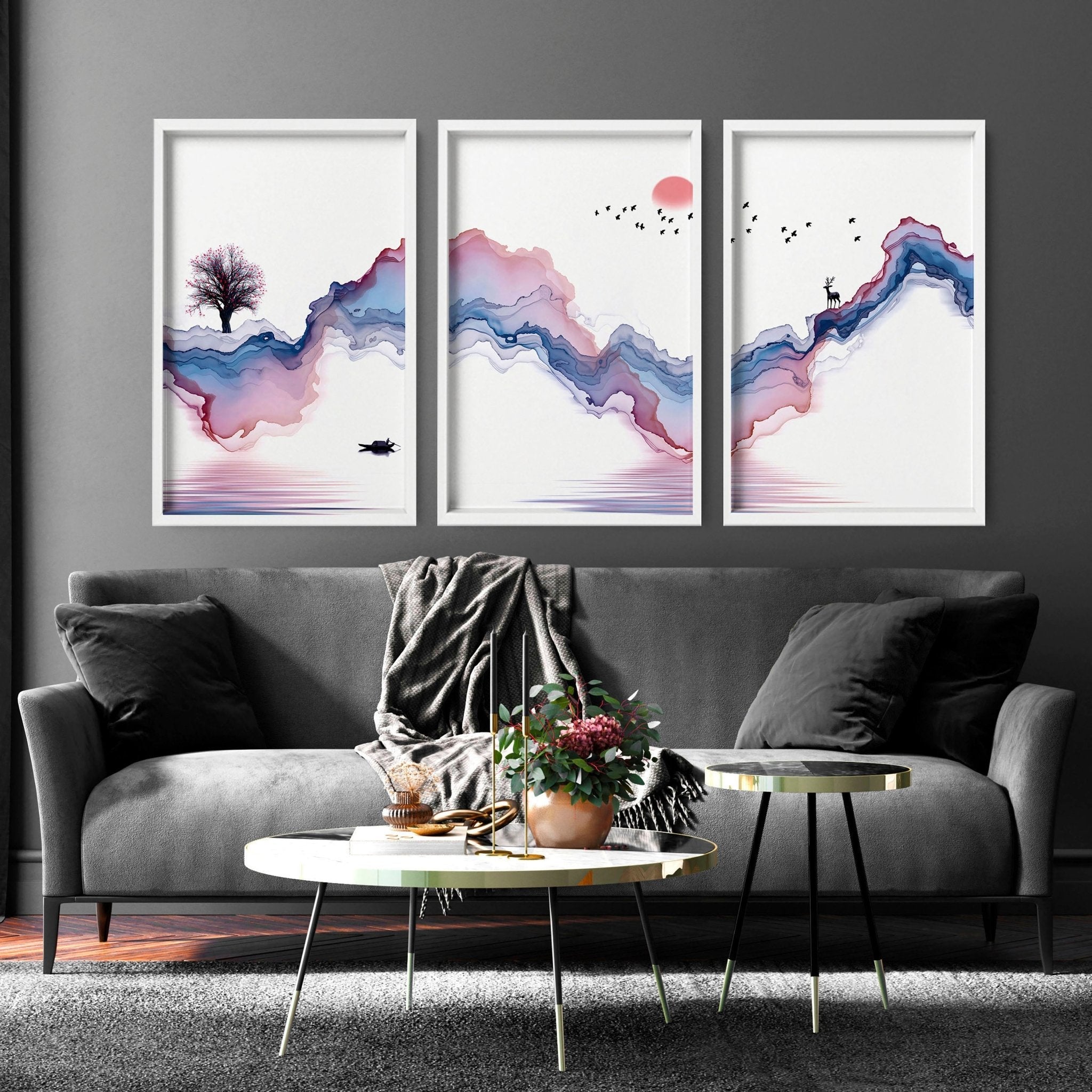 Set of 3 framed Japanese landscape paintings featuring vibrant sunrise colors in blue, coral, and white, perfect for home decor.