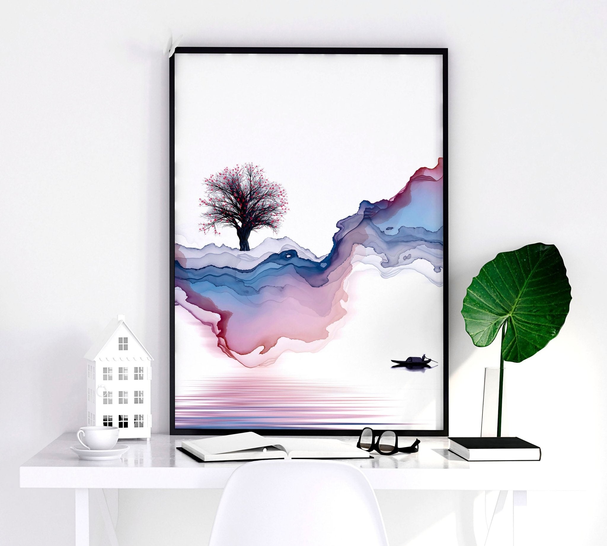 Set of 3 framed Japanese landscape paintings featuring vibrant sunrise colors in blue, coral, and white, perfect for home decor.