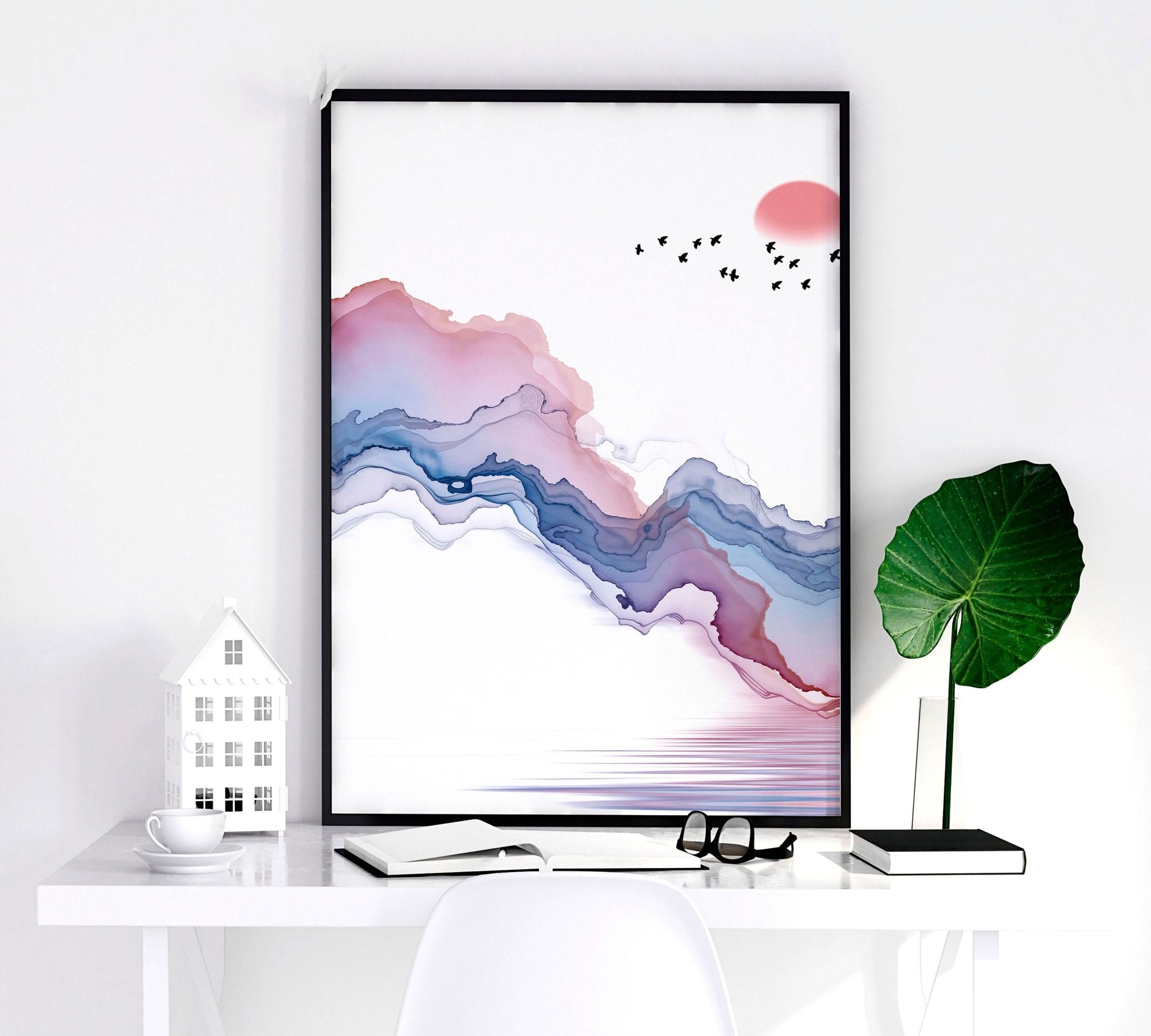 Set of 3 framed Japanese landscape paintings featuring vibrant sunrise colors in blue, coral, and white, perfect for home decor.
