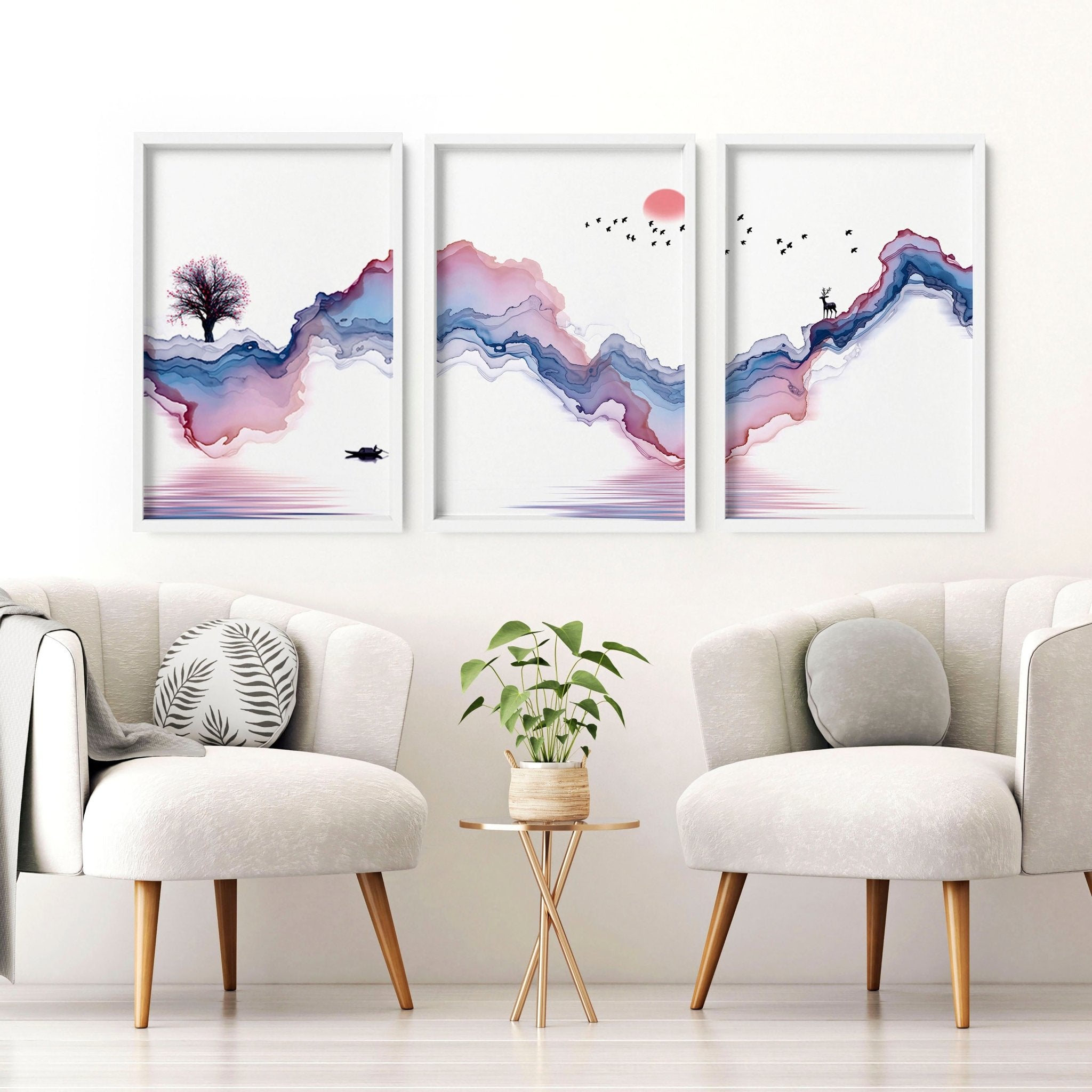Set of 3 framed Japanese landscape paintings featuring vibrant sunrise colors in blue, coral, and white, perfect for home decor.