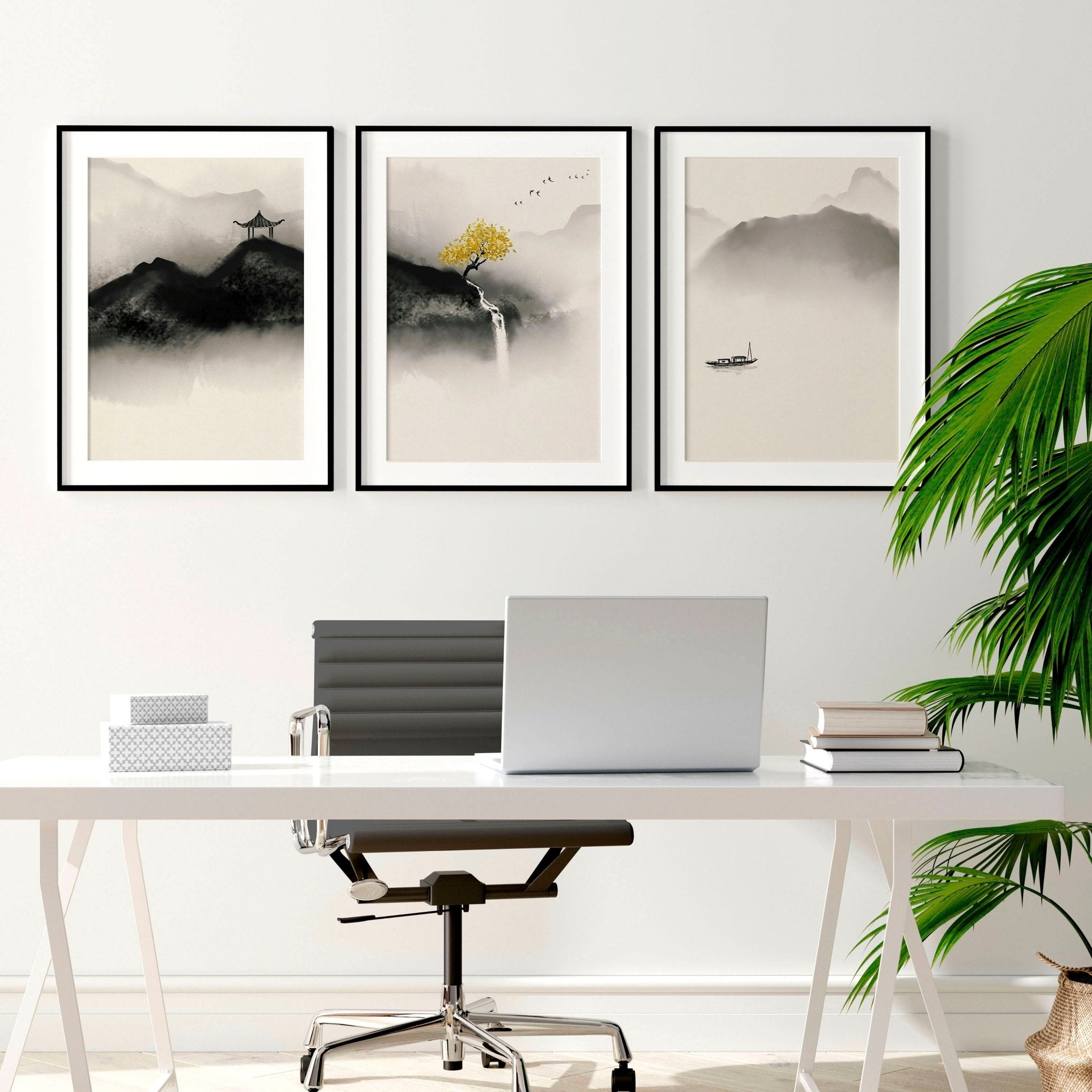 Set of three Japanese pagoda wall art prints featuring serene landscapes in neutral earthy tones, perfect for office decor.