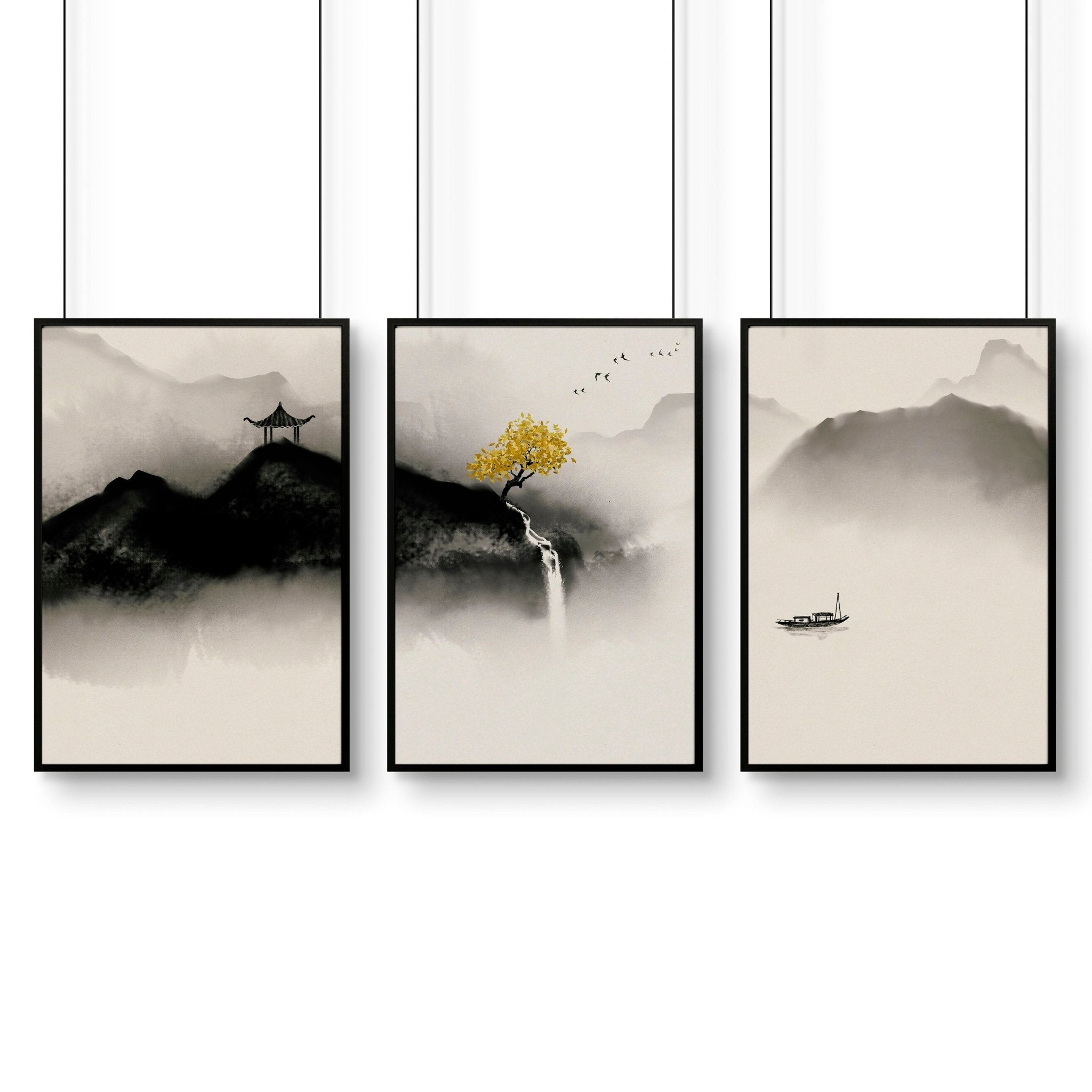 Set of three Japanese pagoda wall art prints featuring serene landscapes in neutral earthy tones, perfect for office decor.