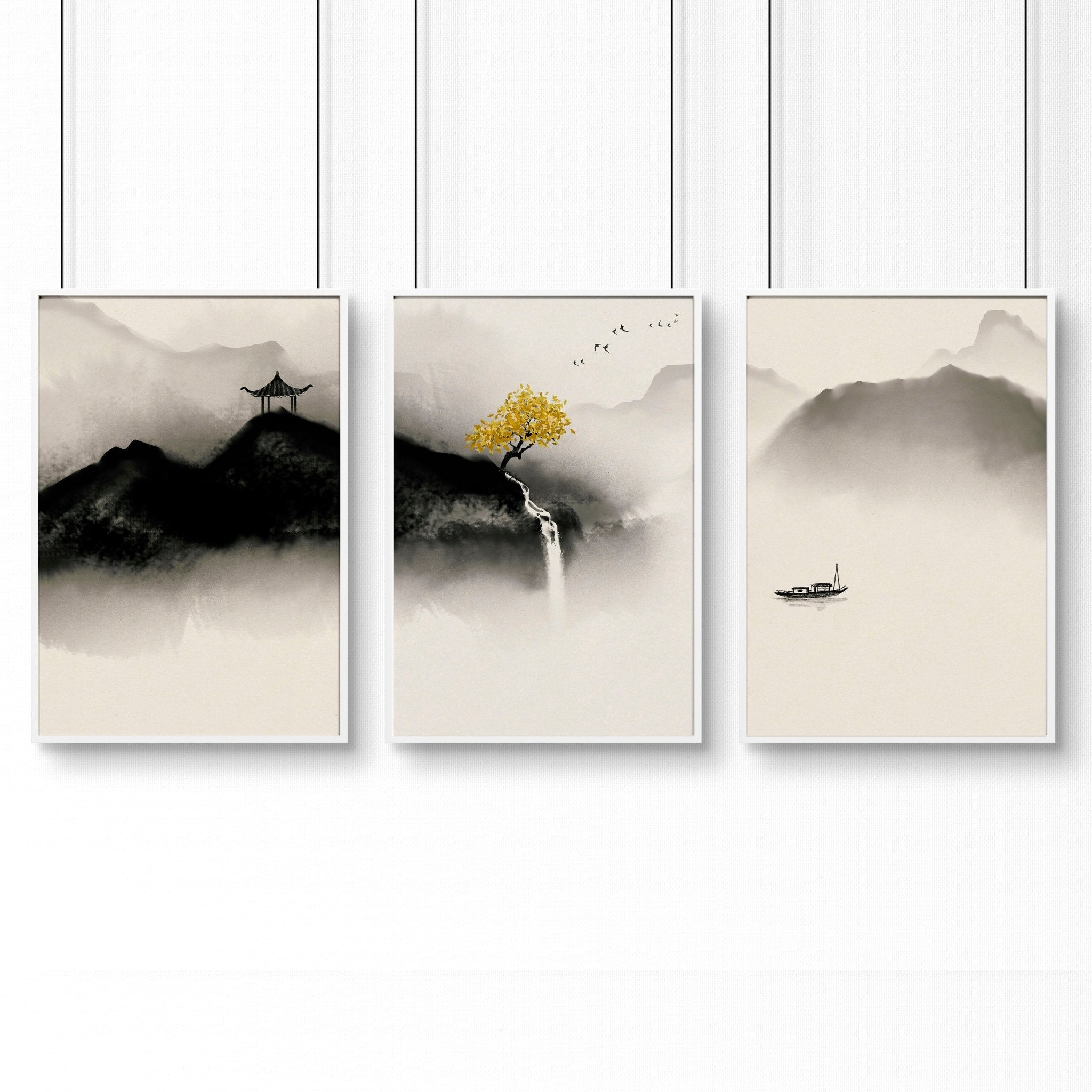 Set of three Japanese pagoda wall art prints featuring serene landscapes in neutral earthy tones, perfect for office decor.