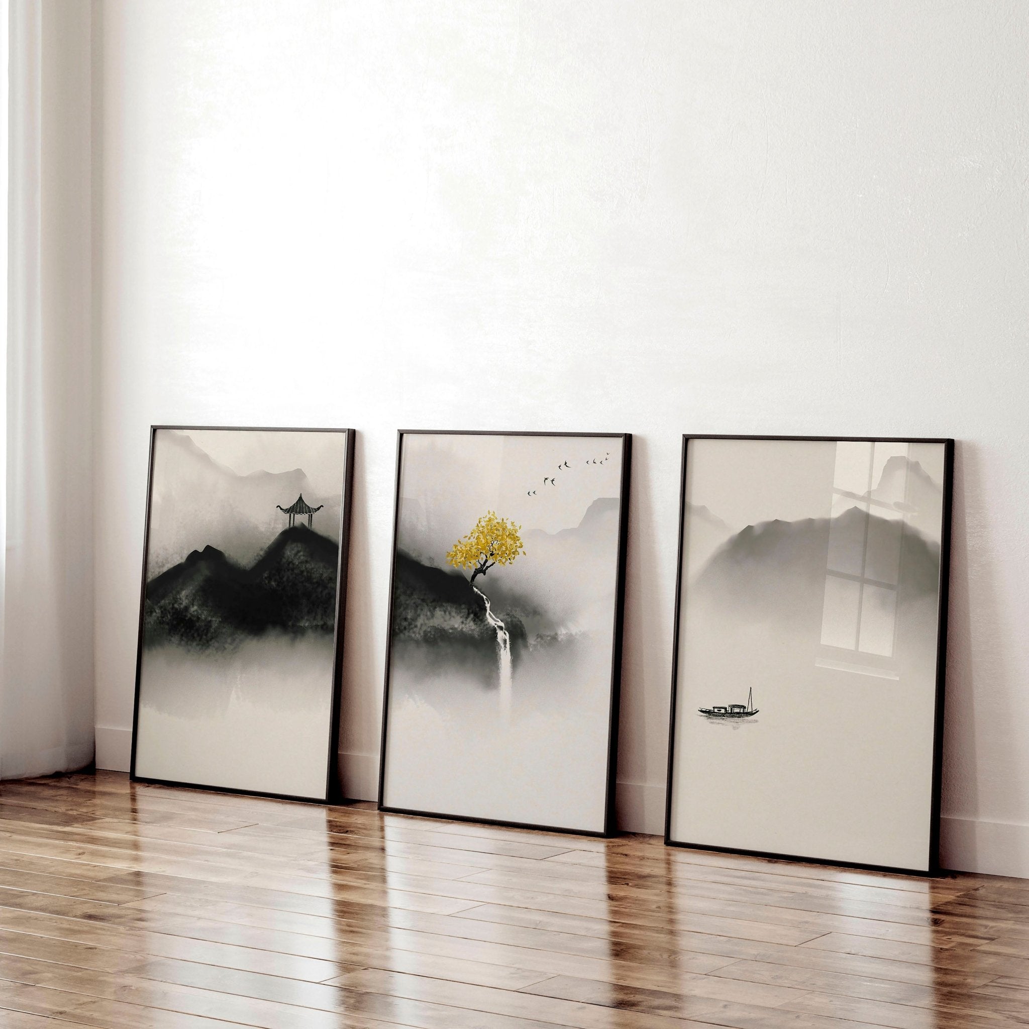 Set of three Japanese pagoda wall art prints featuring serene landscapes in neutral earthy tones, perfect for office decor.