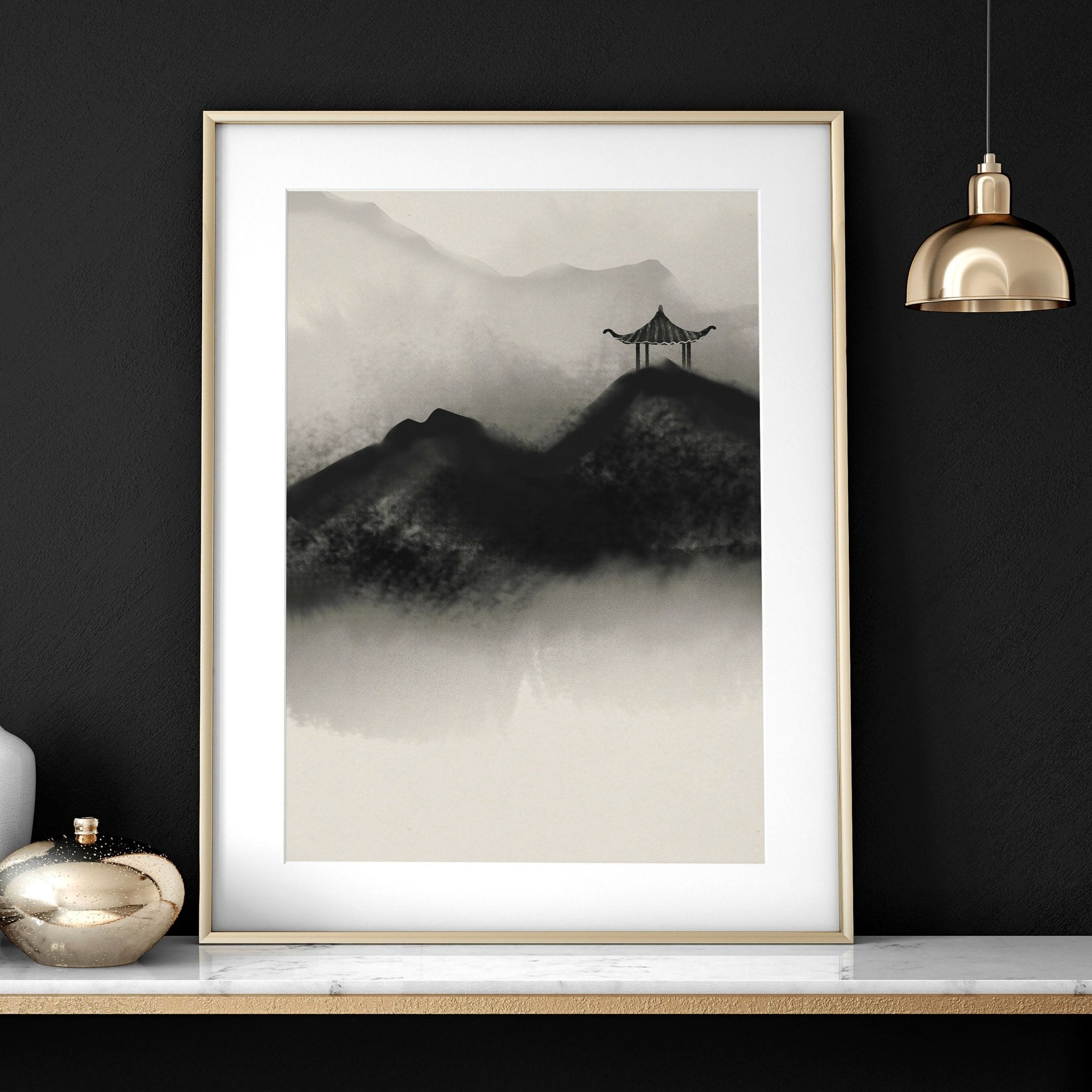 Set of three Japanese pagoda wall art prints featuring serene landscapes in neutral earthy tones, perfect for office decor.