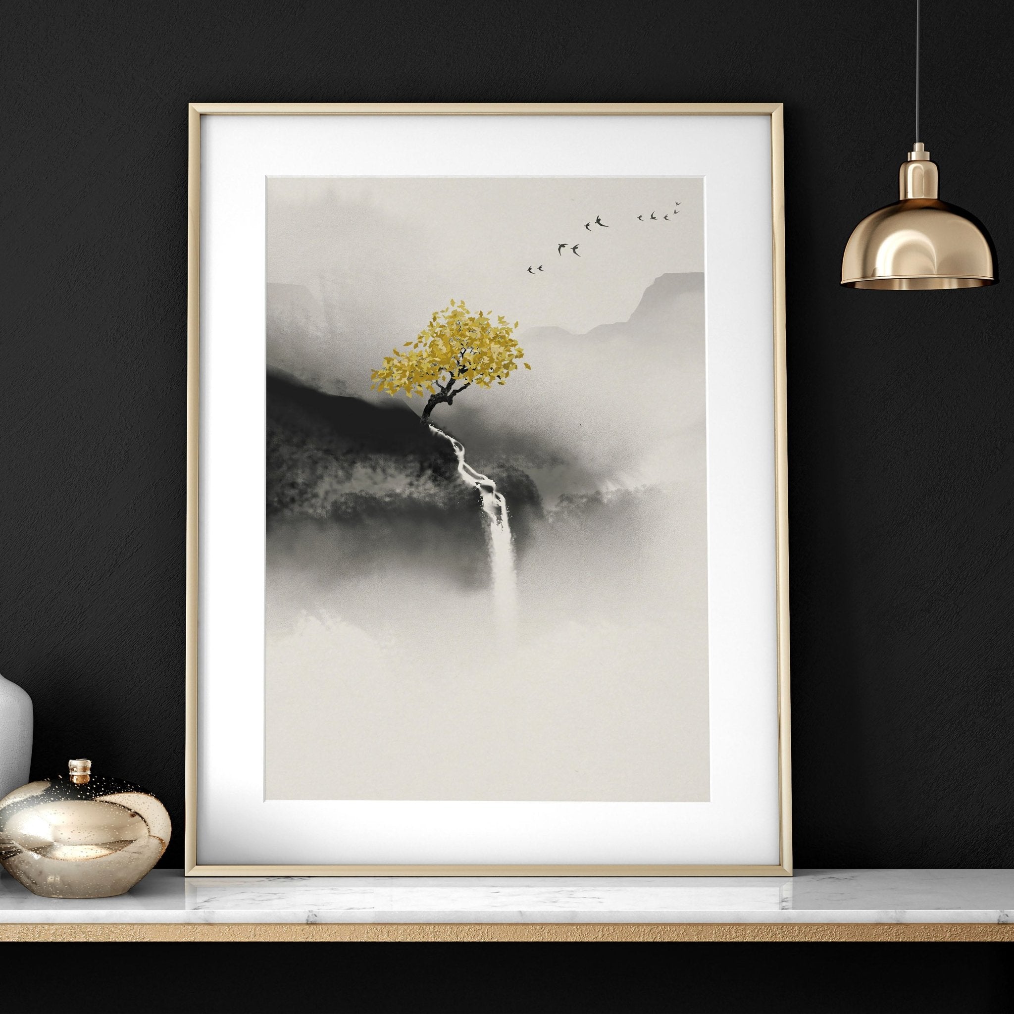 Set of three Japanese pagoda wall art prints featuring serene landscapes in neutral earthy tones, perfect for office decor.