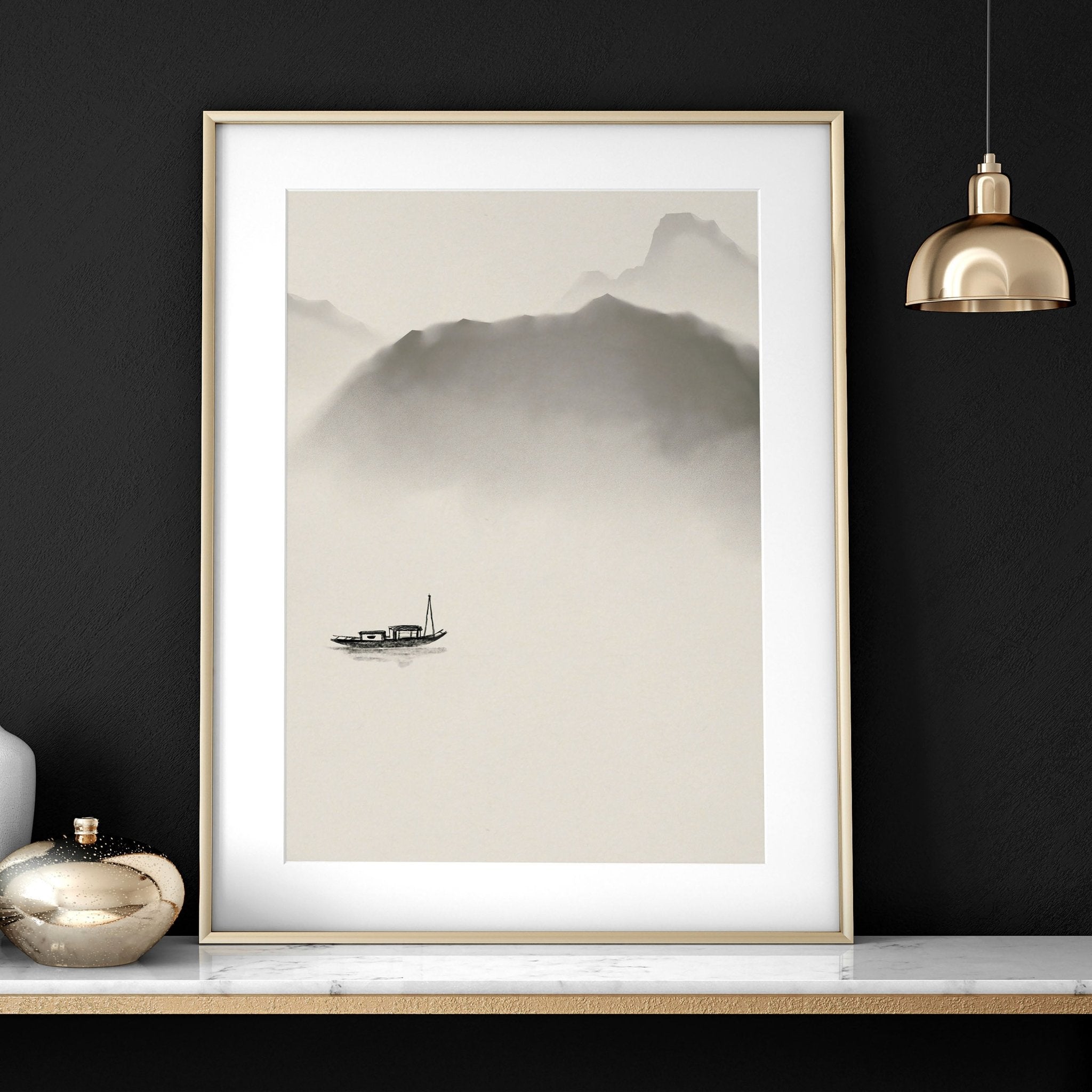 Set of three Japanese pagoda wall art prints featuring serene landscapes in neutral earthy tones, perfect for office decor.