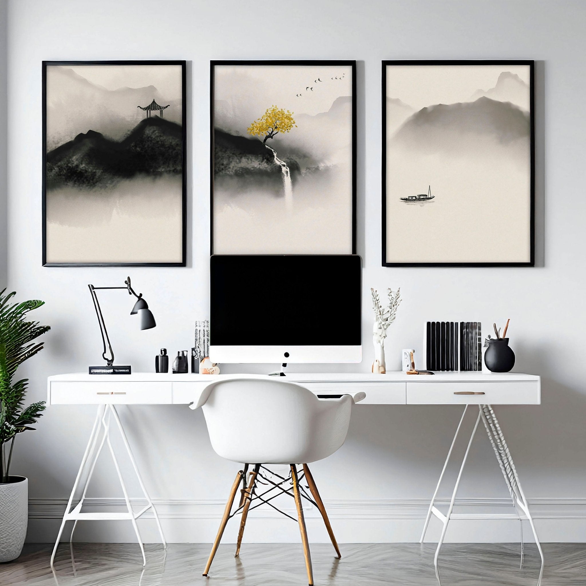 Set of three Japanese pagoda wall art prints featuring serene landscapes in neutral earthy tones, perfect for office decor.