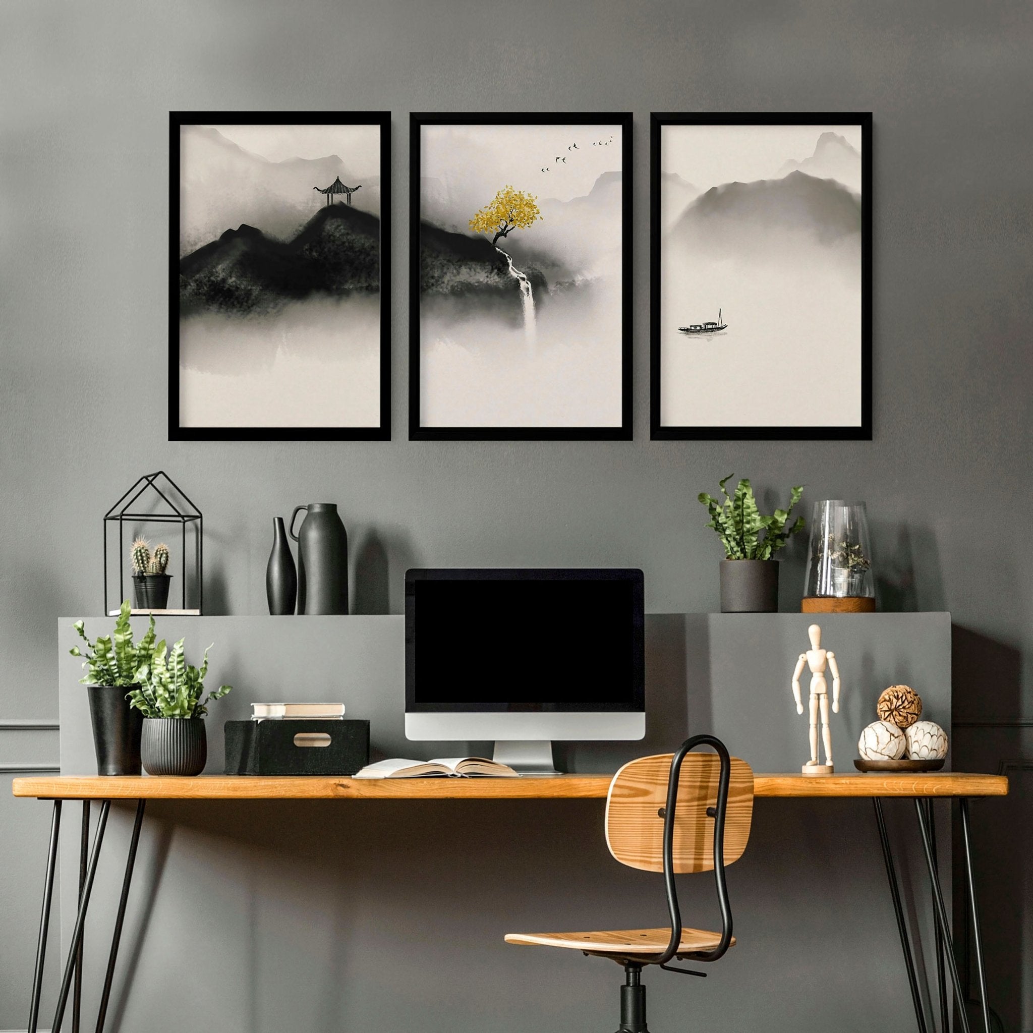 Set of three Japanese pagoda wall art prints featuring serene landscapes in neutral earthy tones, perfect for office decor.