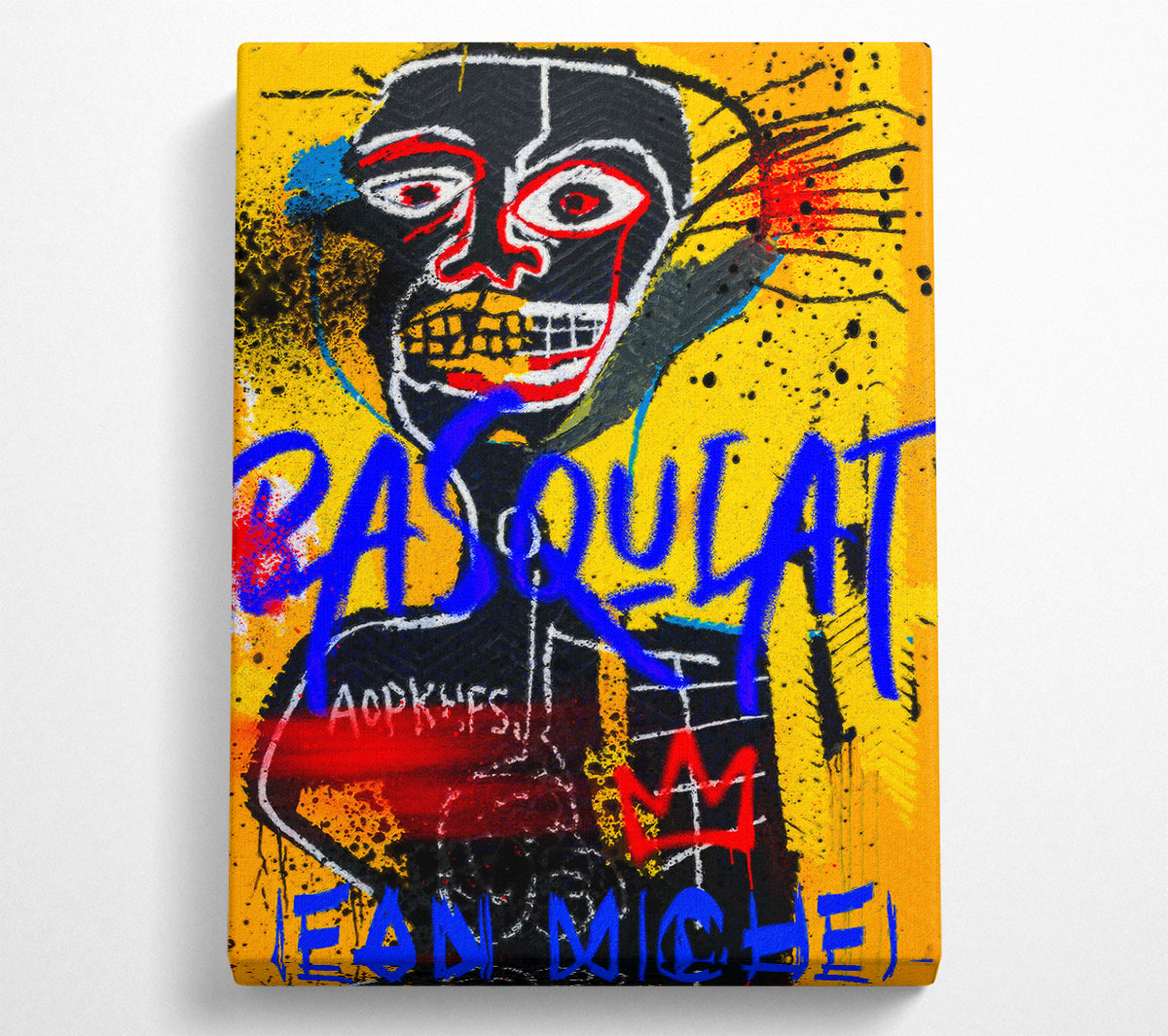 Jean Michel Basquiat Figure printed on coated polyester canvas, mounted on a 44mm box frame, showcasing vibrant colors and unique design.