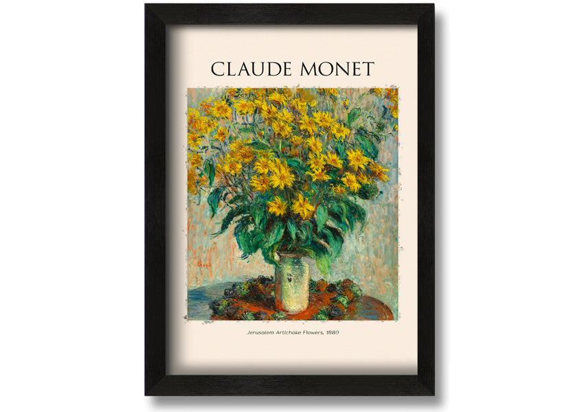 A vibrant reproduction of Claude Monet's Jerusalem Artichoke Flowers, 1880, printed on canvas and framed elegantly.