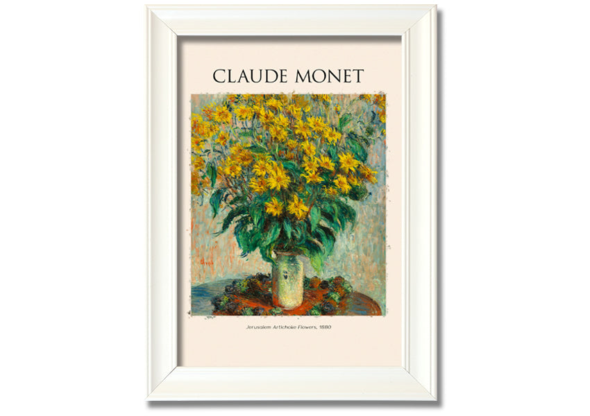 A vibrant reproduction of Claude Monet's Jerusalem Artichoke Flowers, 1880, printed on canvas and framed elegantly.