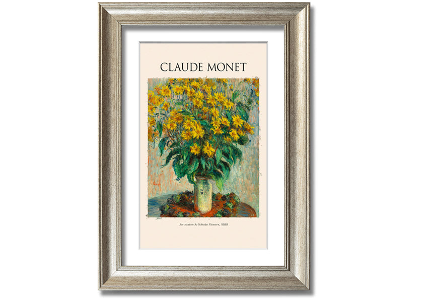 A vibrant reproduction of Claude Monet's Jerusalem Artichoke Flowers, 1880, printed on canvas and framed elegantly.