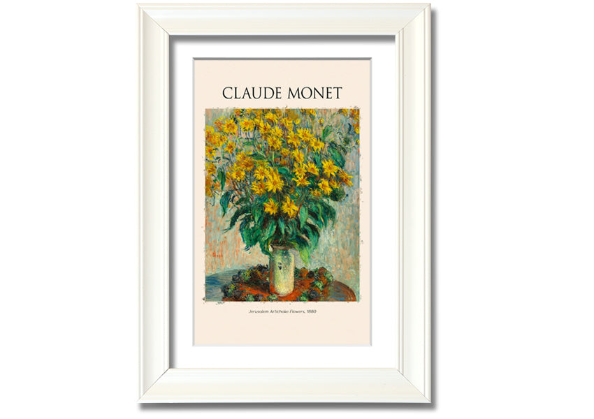 A vibrant reproduction of Claude Monet's Jerusalem Artichoke Flowers, 1880, printed on canvas and framed elegantly.