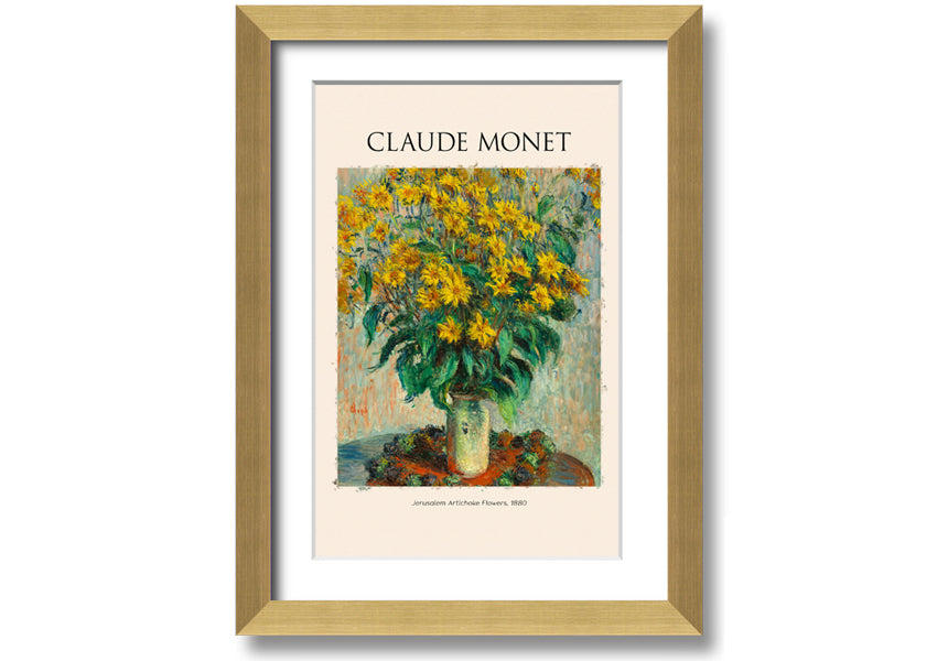 A vibrant reproduction of Claude Monet's Jerusalem Artichoke Flowers, 1880, printed on canvas and framed elegantly.