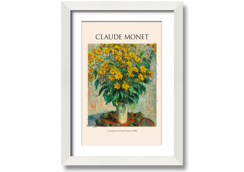 A vibrant reproduction of Claude Monet's Jerusalem Artichoke Flowers, 1880, printed on canvas and framed elegantly.