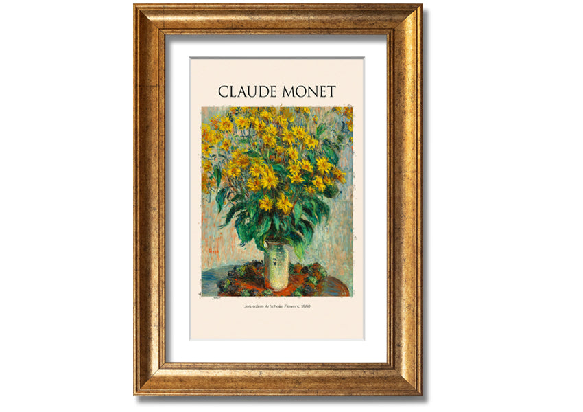 A vibrant reproduction of Claude Monet's Jerusalem Artichoke Flowers, 1880, printed on canvas and framed elegantly.