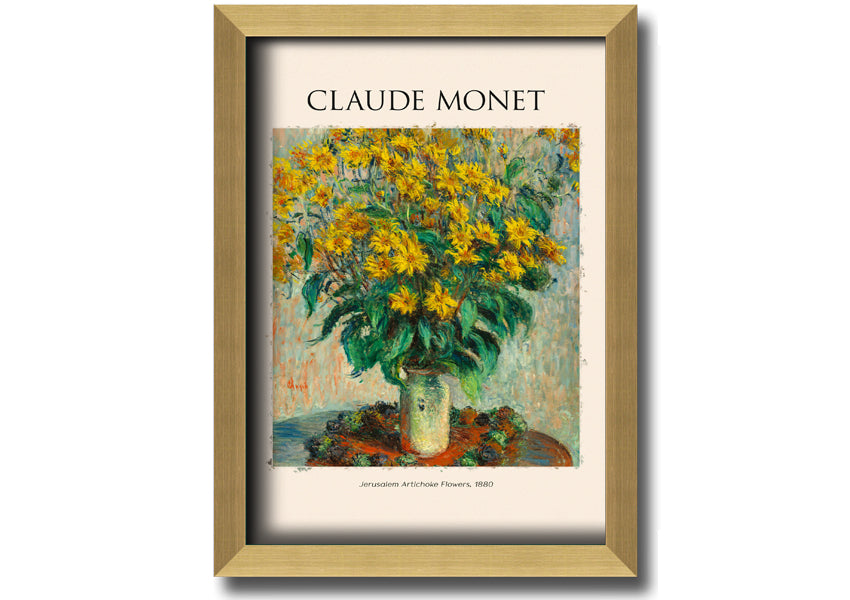 A vibrant reproduction of Claude Monet's Jerusalem Artichoke Flowers, 1880, printed on canvas and framed elegantly.