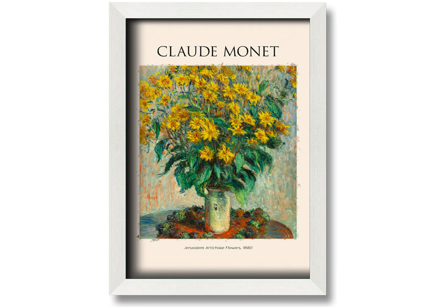 A vibrant reproduction of Claude Monet's Jerusalem Artichoke Flowers, 1880, printed on canvas and framed elegantly.