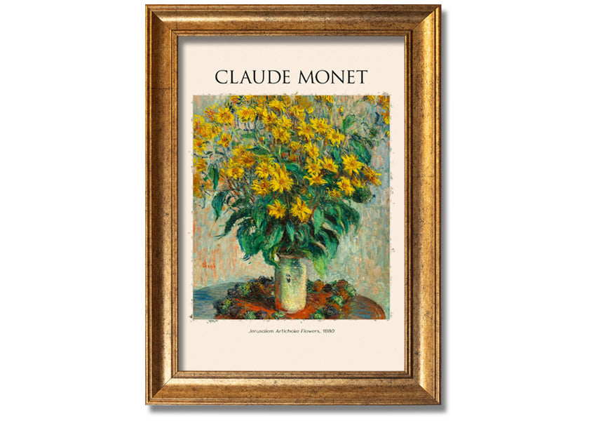A vibrant reproduction of Claude Monet's Jerusalem Artichoke Flowers, 1880, printed on canvas and framed elegantly.