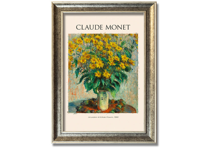 A vibrant reproduction of Claude Monet's Jerusalem Artichoke Flowers, 1880, printed on canvas and framed elegantly.