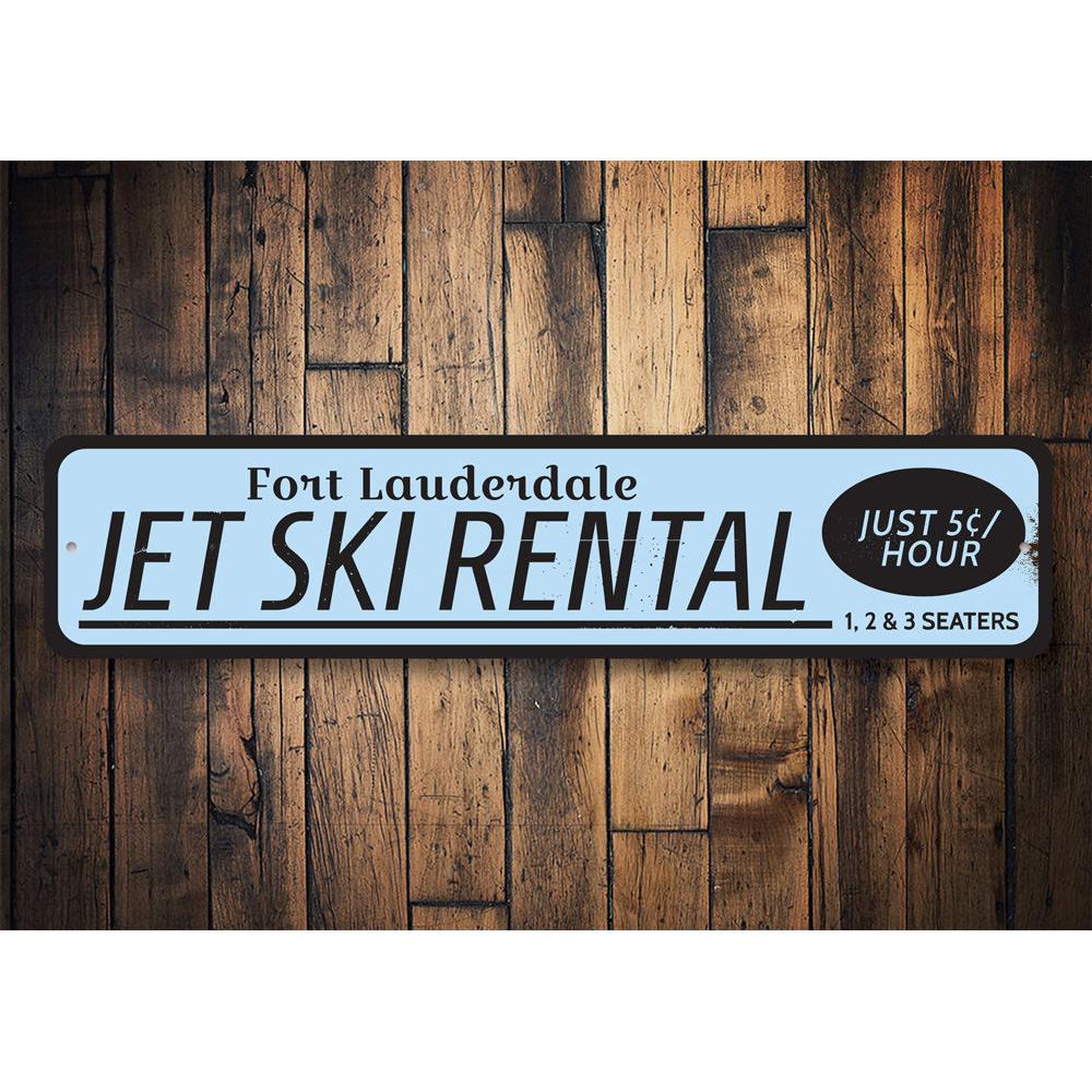 Customizable Jet Ski Rental Location Sign made from high-quality aluminum, perfect for beach houses and coastal decor.