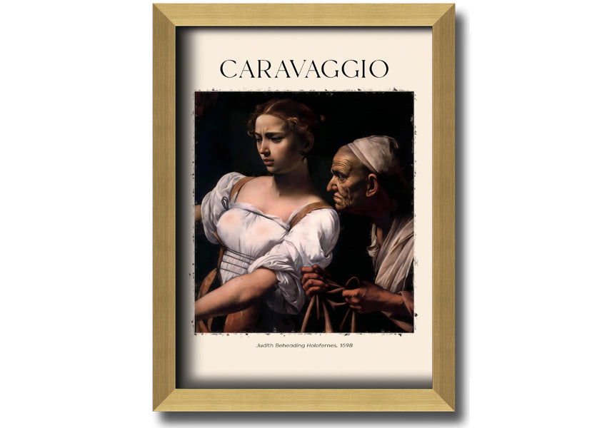 A detailed canvas print of Caravaggio's Judith Beheading Holofernes, mounted on a 44mm box frame, showcasing vibrant colors and dramatic imagery.