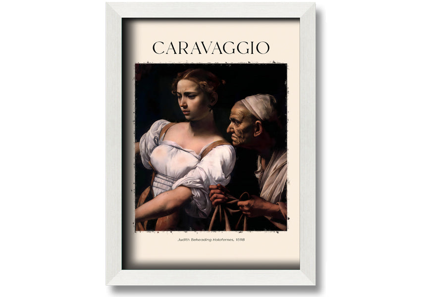 A detailed canvas print of Caravaggio's Judith Beheading Holofernes, mounted on a 44mm box frame, showcasing vibrant colors and dramatic imagery.
