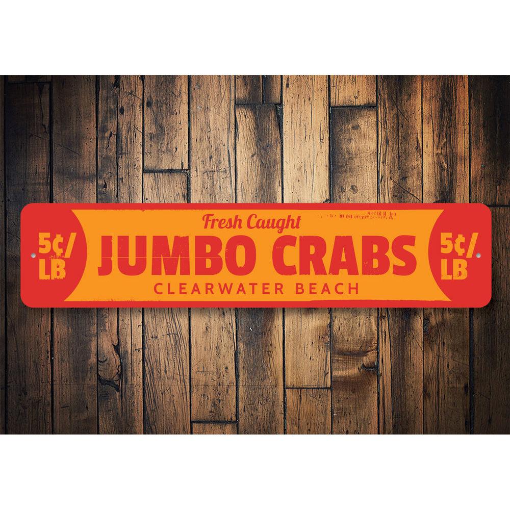 A vibrant Jumbo Crabs Sign made of aluminum, featuring a colorful crab design, perfect for beach-themed decor.
