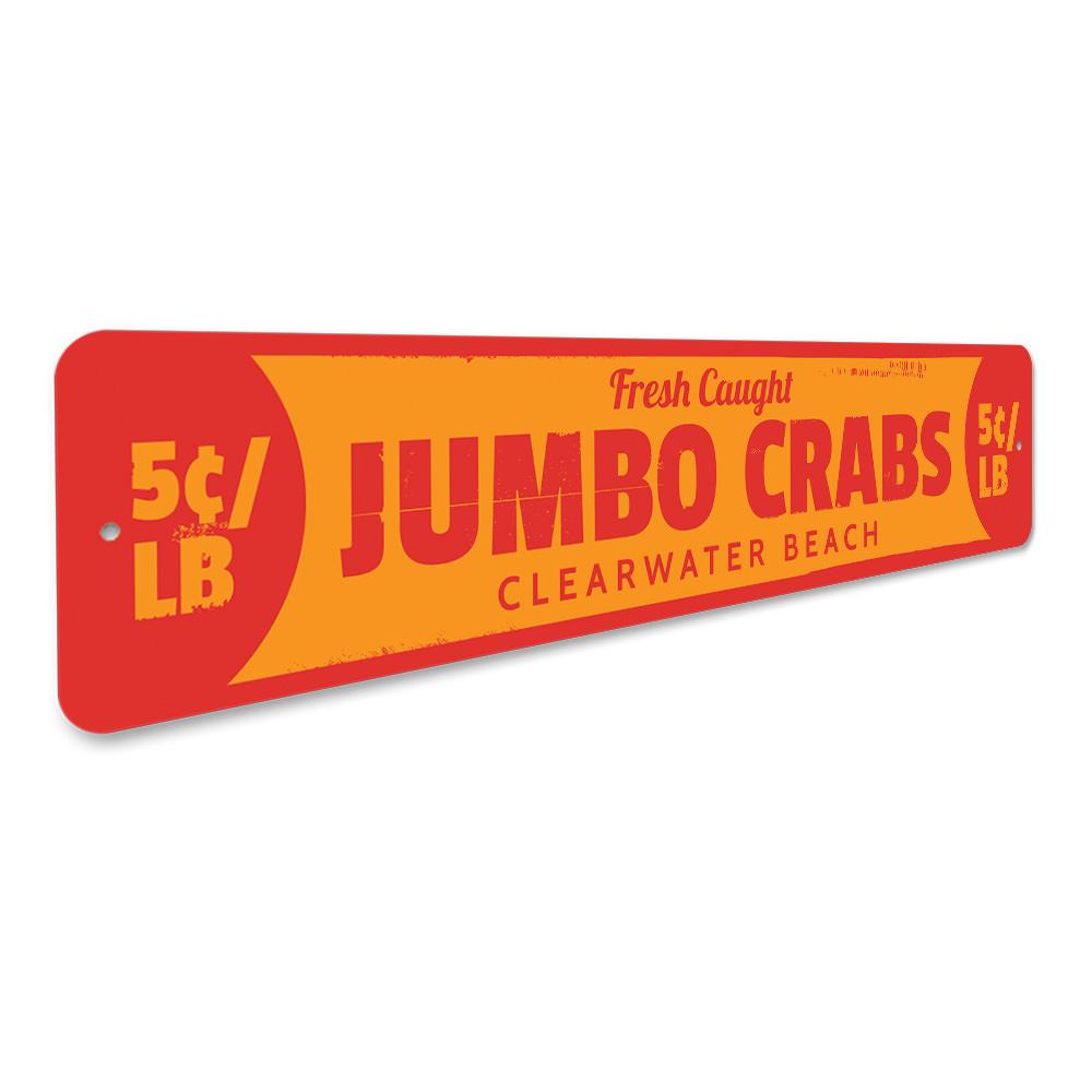 A vibrant Jumbo Crabs Sign made of aluminum, featuring a colorful crab design, perfect for beach-themed decor.