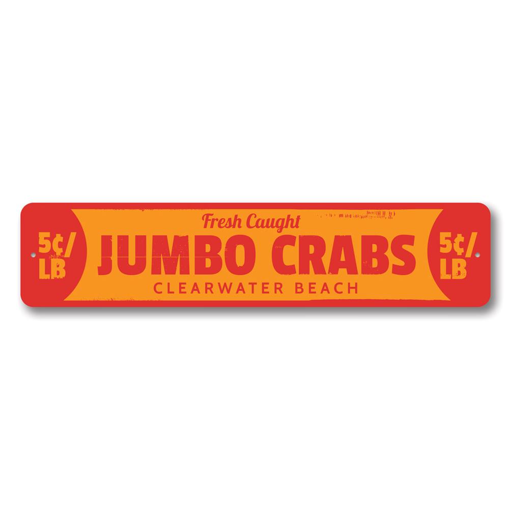A vibrant Jumbo Crabs Sign made of aluminum, featuring a colorful crab design, perfect for beach-themed decor.