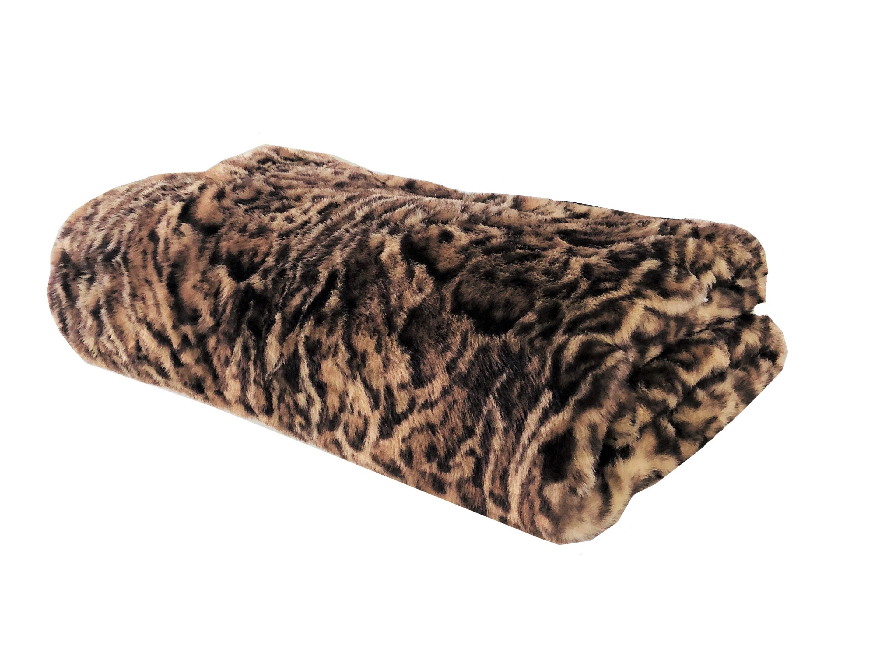 Jungle Cat Faux Fur Luxury Throw in brown and beige, showcasing its plush texture and high/low pile design.