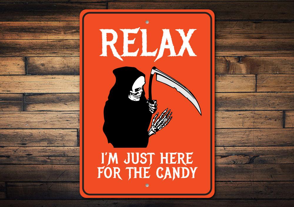 Just Here for the Candy Sign made of durable aluminum, featuring vibrant colors and a humorous design, perfect for wall decor.