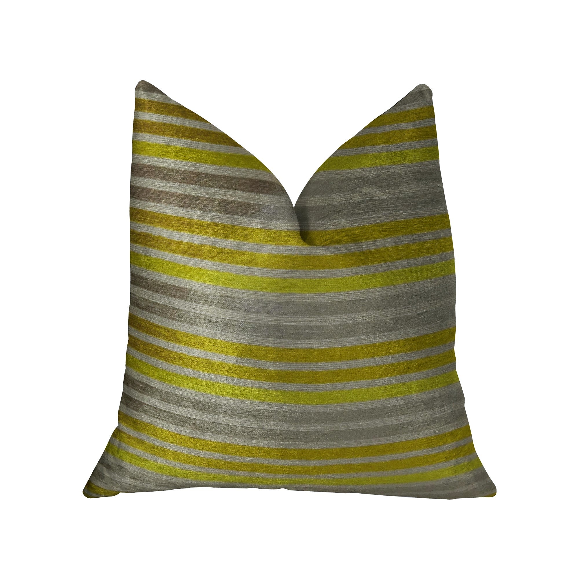Kaleva Lime and Gray Handmade Luxury Pillow featuring a striped pattern with a double-sided design and invisible zipper enclosure.