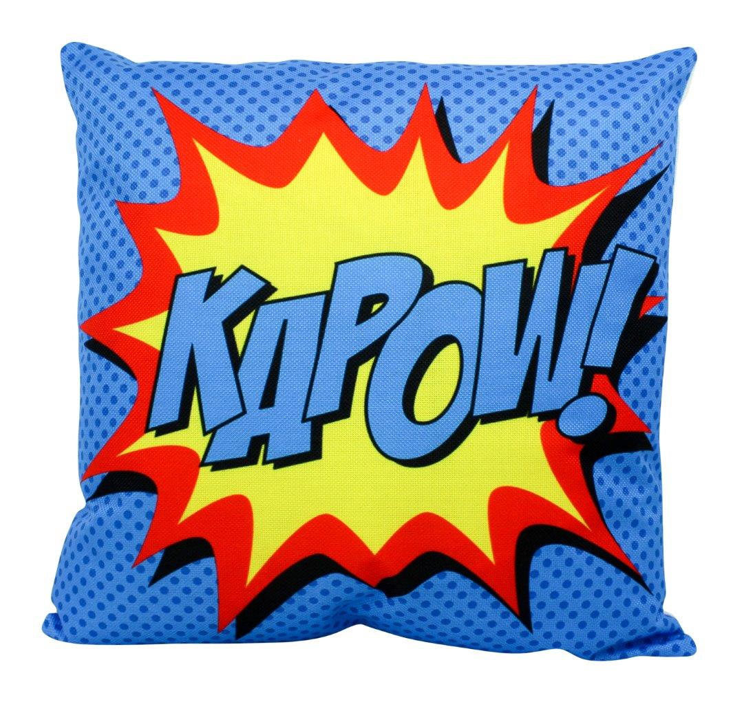 KAPOW Blue Pillow Cover featuring comic design with vibrant colors and concealed zipper, perfect for kids' rooms.