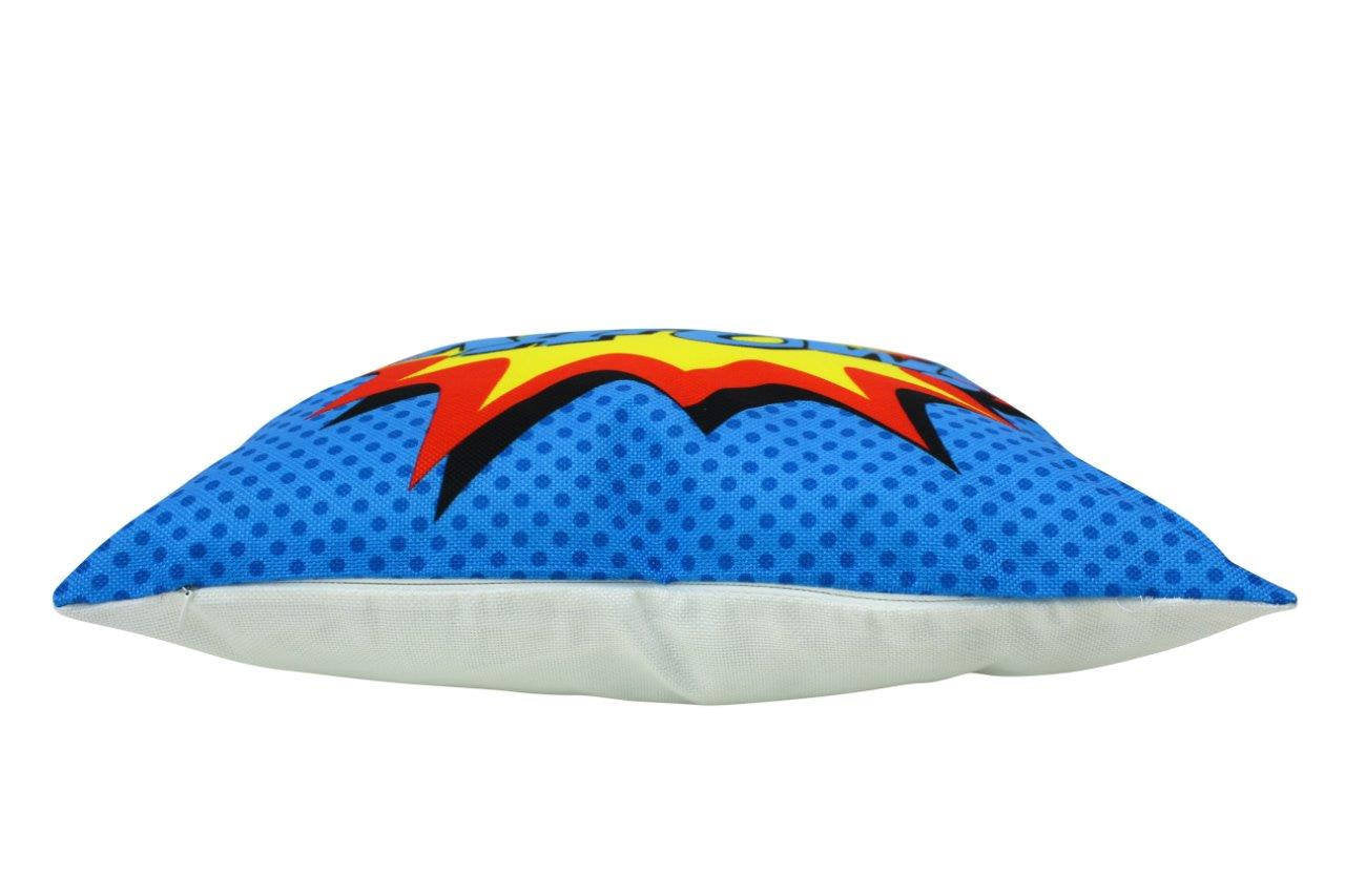 KAPOW Blue Pillow Cover featuring comic design with vibrant colors and concealed zipper, perfect for kids' rooms.